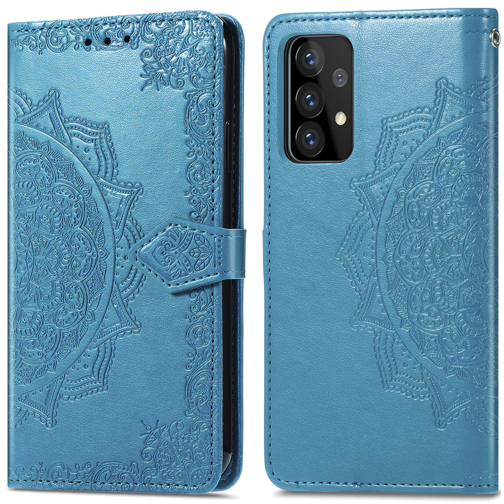 Blauw telefoonhoesje met mandala-patroon, open, met drie camera's aan de achterkant.