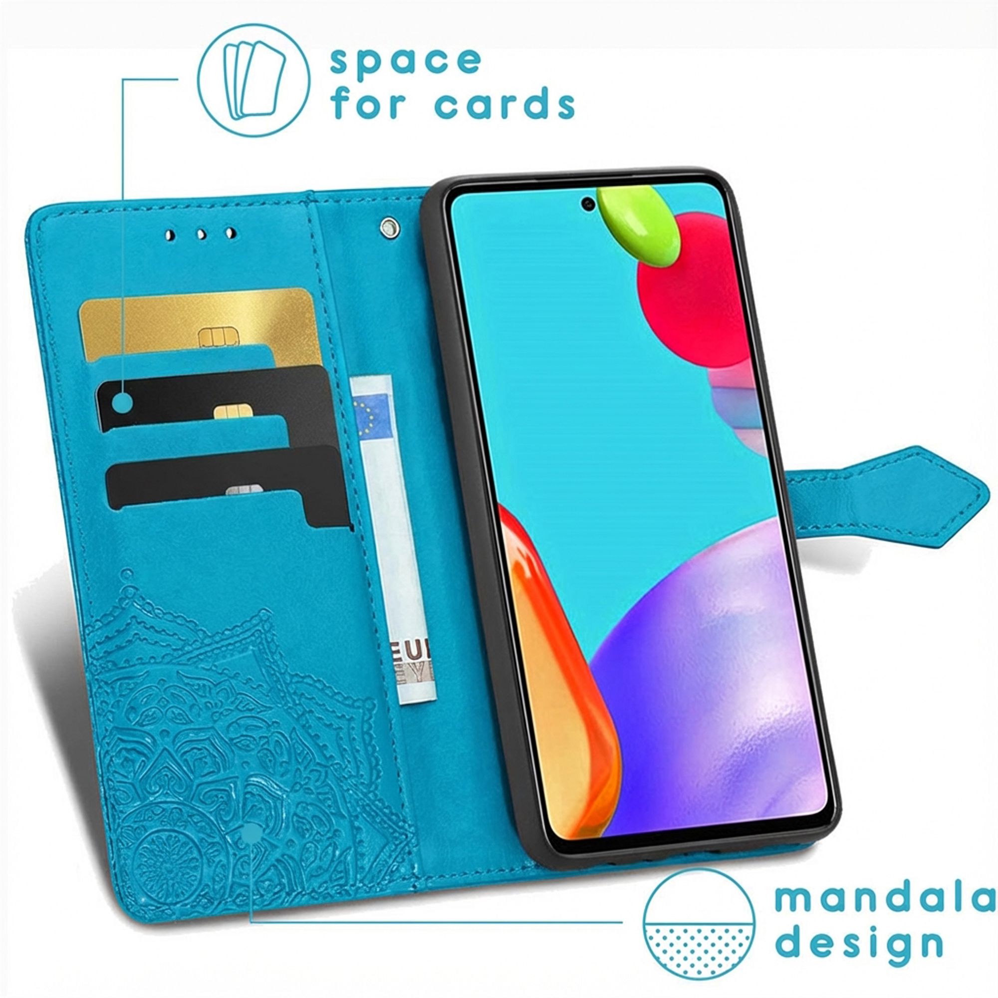 Een blauwe telefoonhoes met kaarthouders en een mandala-ontwerp.