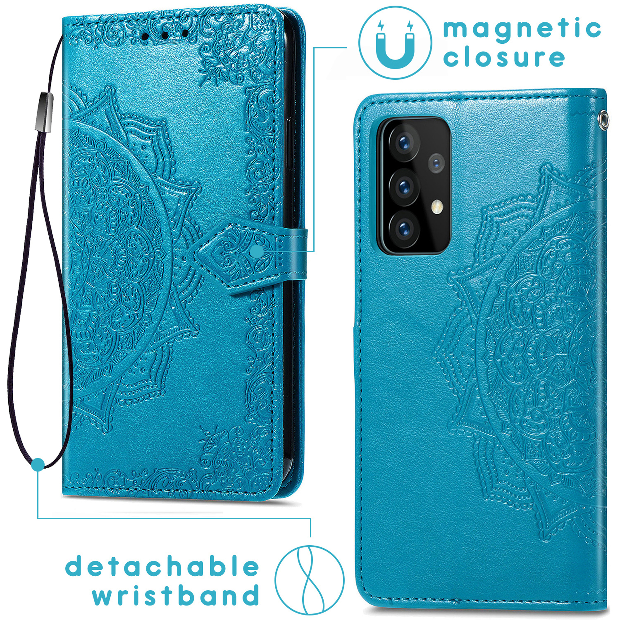 Blauw telefoonhoesje met reliëf mandala, afneembare polsband en magnetische sluiting.