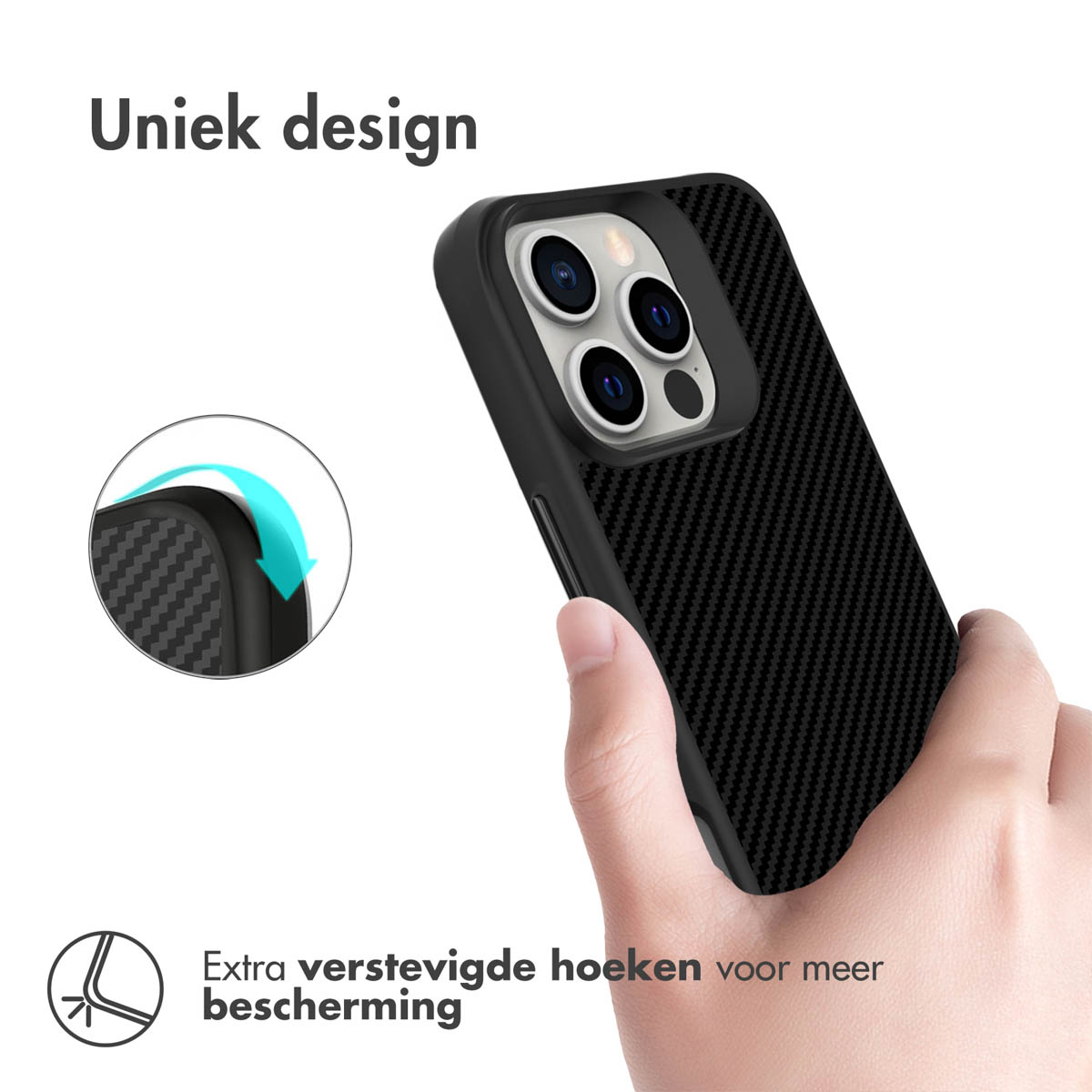 Custodia nera per telefono con motivo carbonio e protezione fotocamera. Angoli rinforzati.