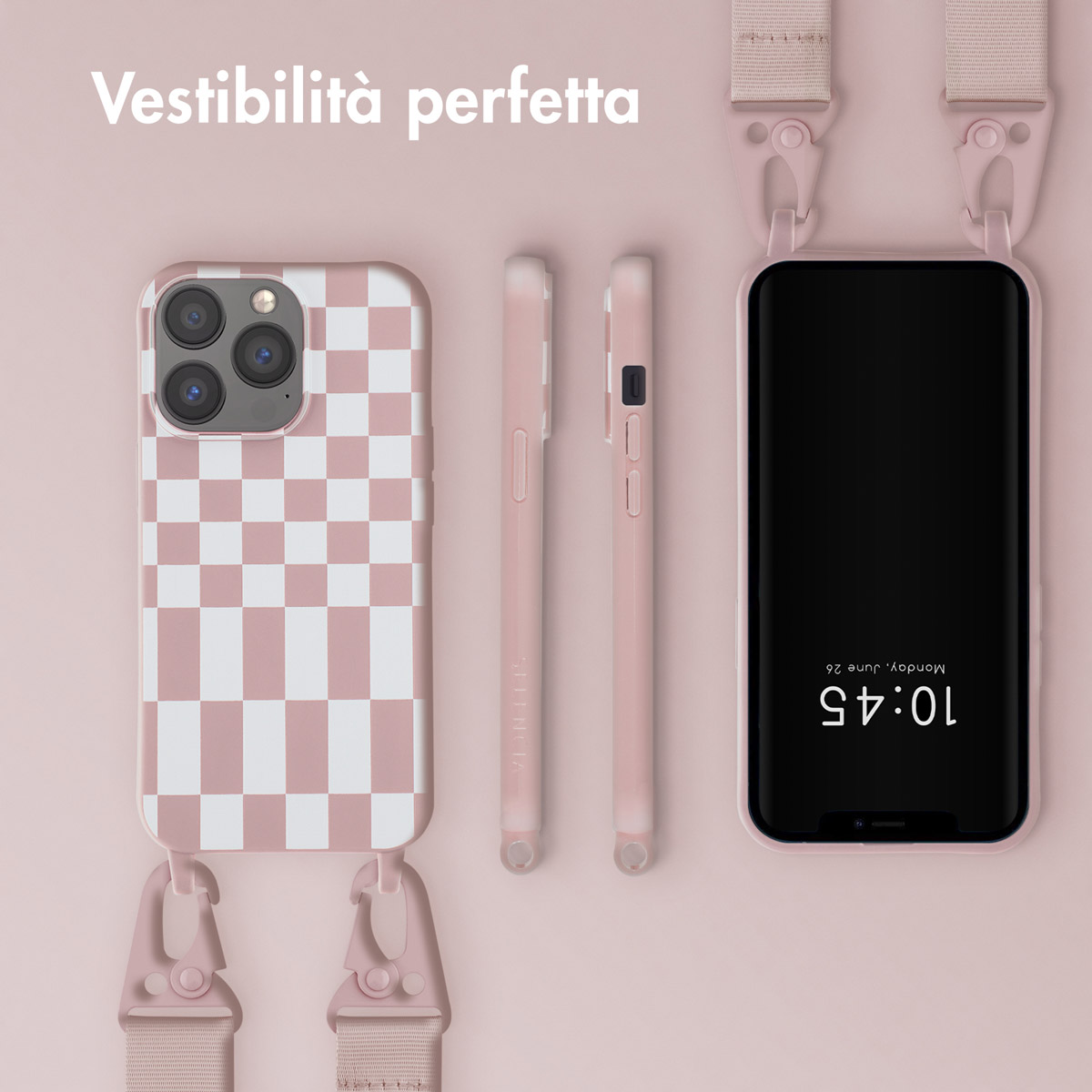Une coque de téléphone rose à damier et un téléphone avec une lanière.