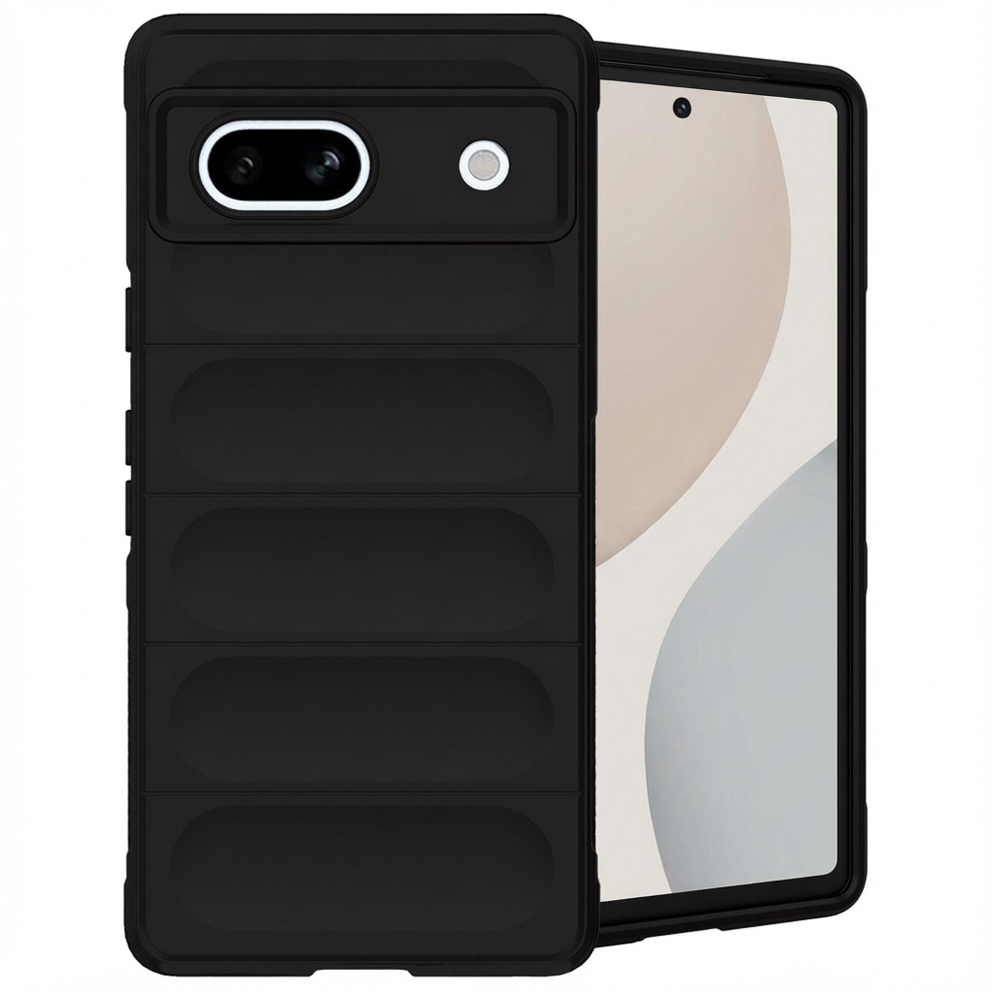 Schwarze Handyhülle mit horizontalen Rillen neben einem Smartphone.