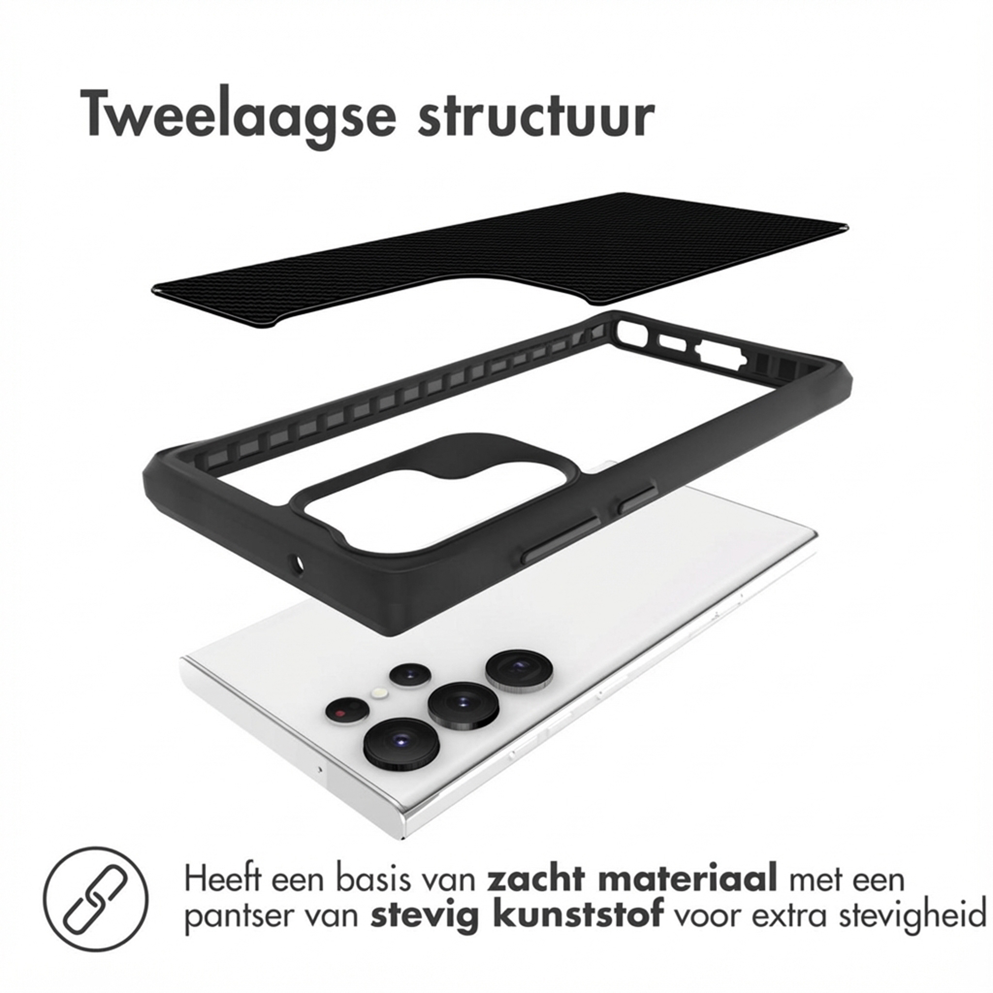 Tweelaagse structuur: Zacht materiaal met stevig kunststof pantser.