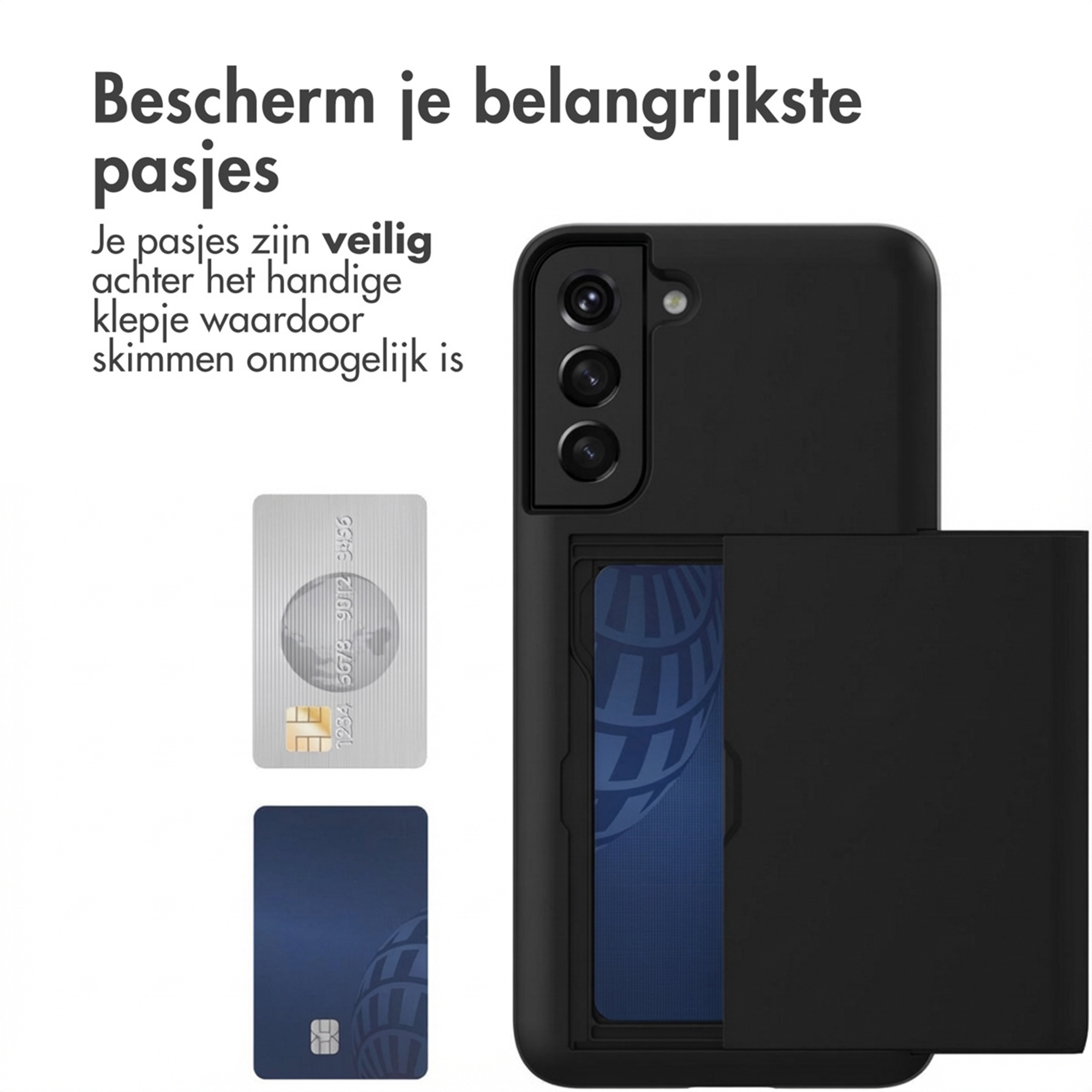 Een zwarte telefoon met kaarthouder, ernaast liggen twee creditcards.
