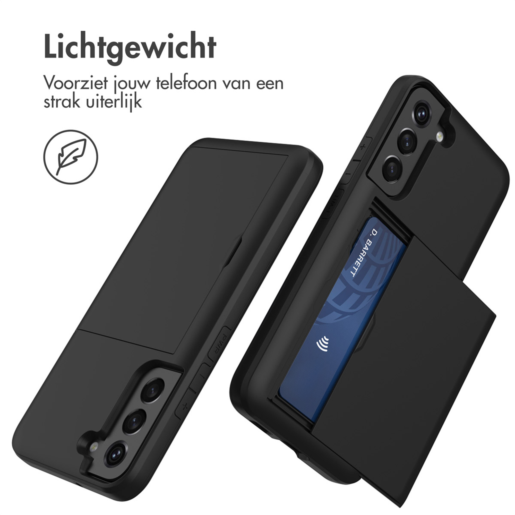 Zwarte telefoonhoes met kaarthouder, met een blauwe creditcard.