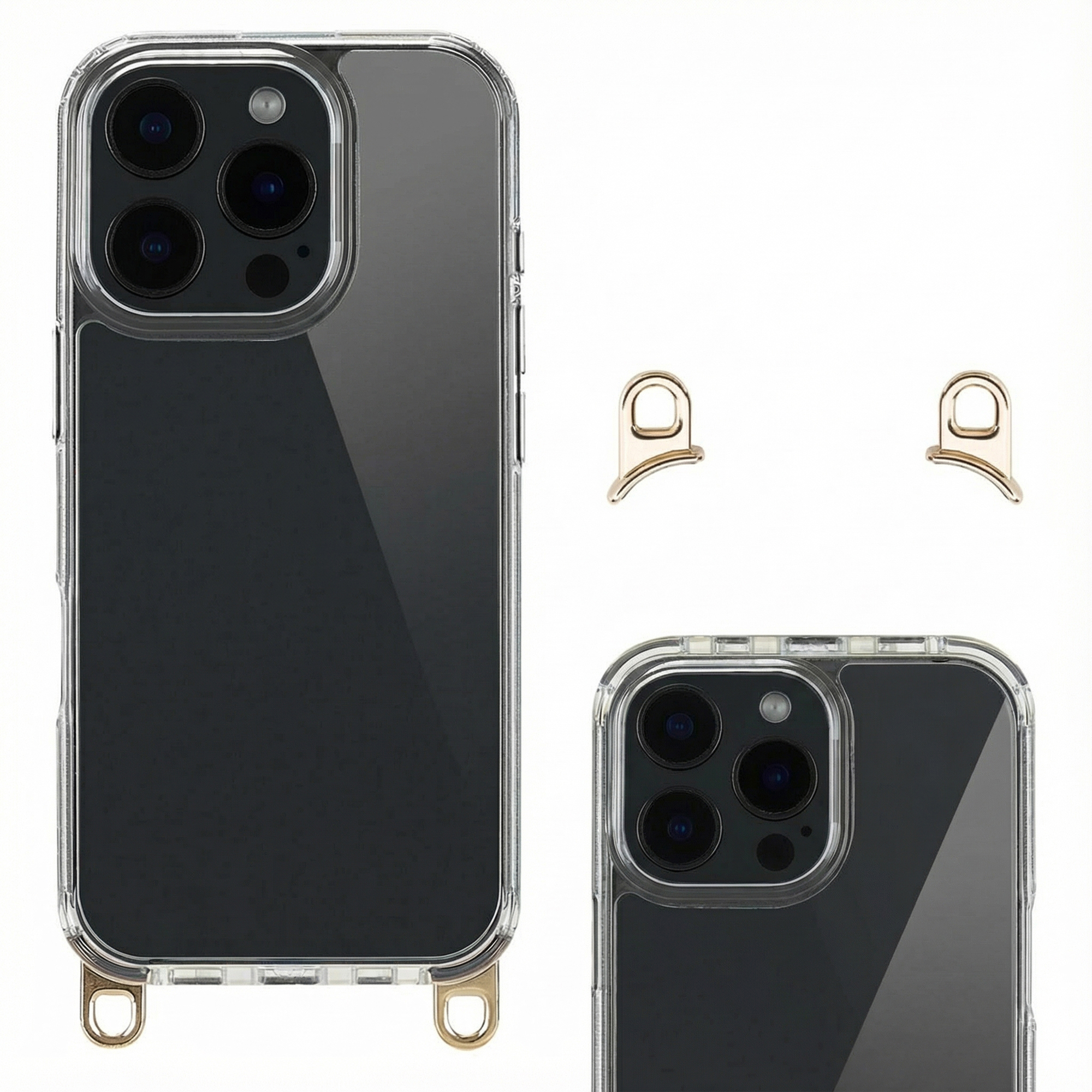 Doorzichtige hoes met drievoudige camera en gouden lussen voor een band.