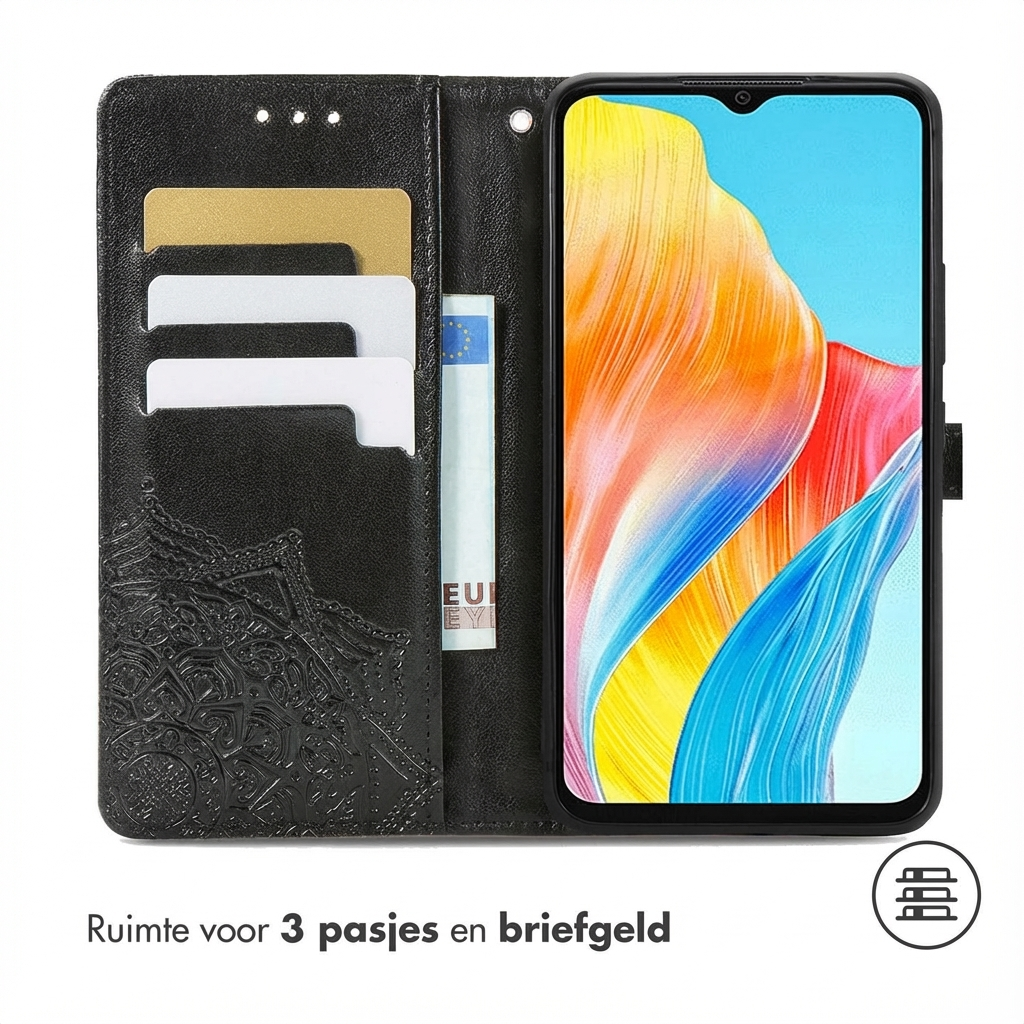 Zwarte telefoonhoes met kaarthouders en geldvak.