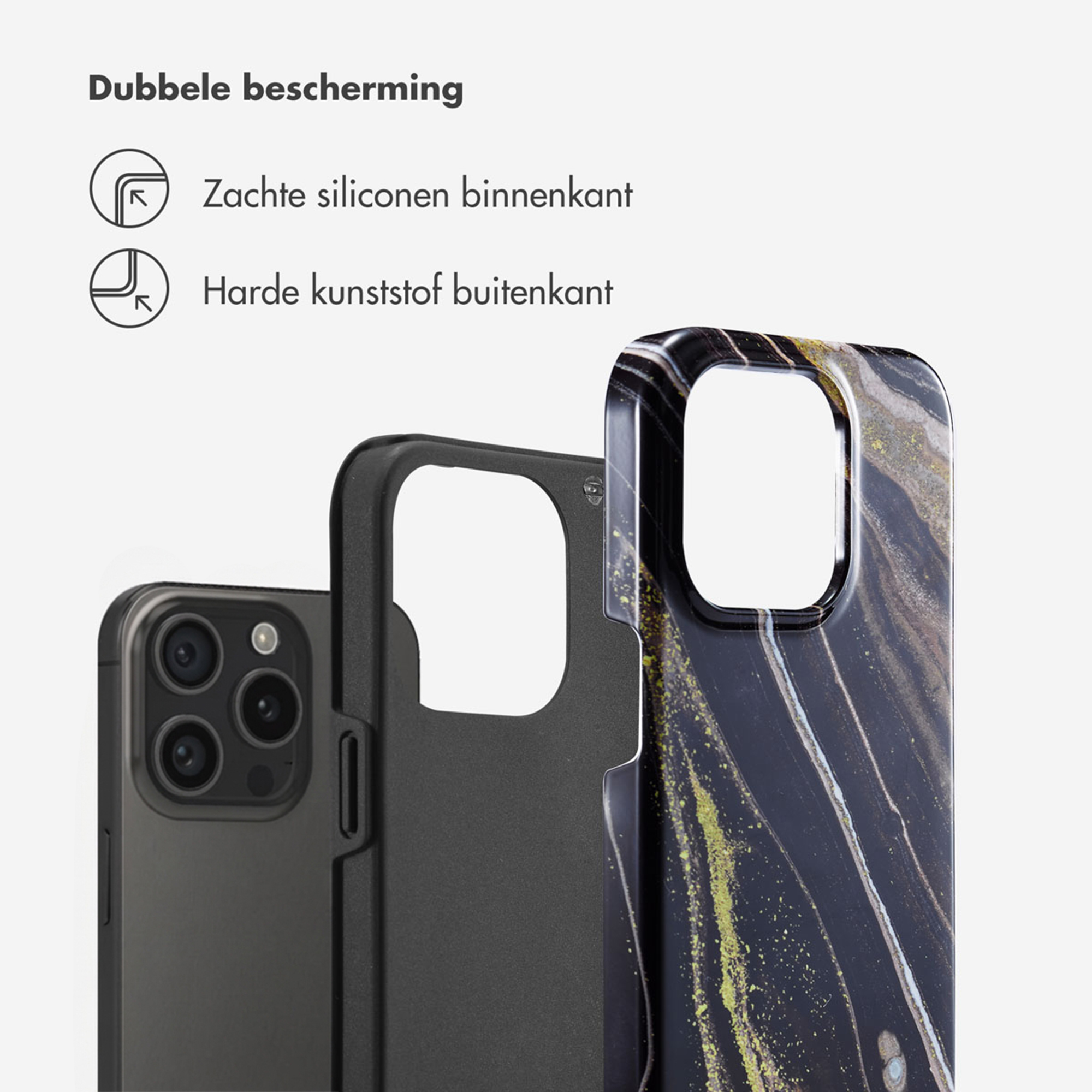 Deux coques de téléphone à motif marbre et un dos de téléphone.