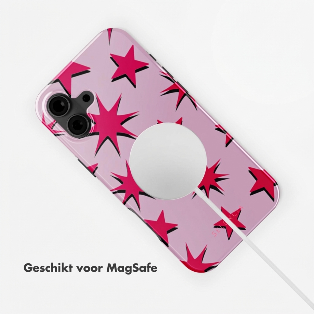 Cover viola per telefono con stelle rosse, caricatore MagSafe e cavo.