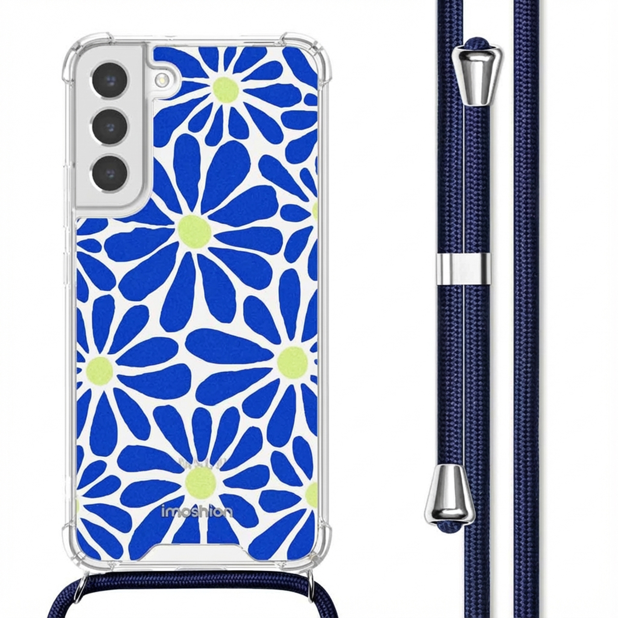 Coque transparente à motif floral bleu et jaune avec cordon.