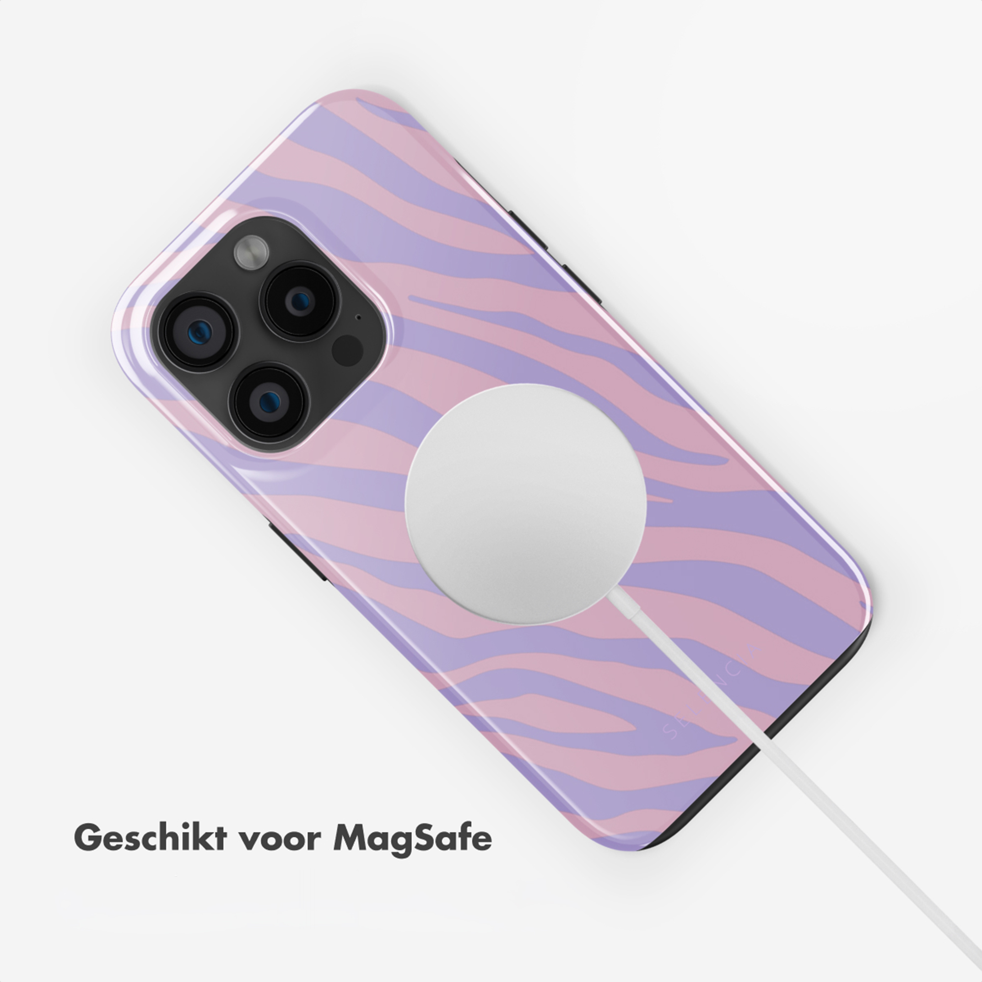 Custodia per telefono con motivo a strisce ondulate viola e rosa, con caricatore MagSafe.