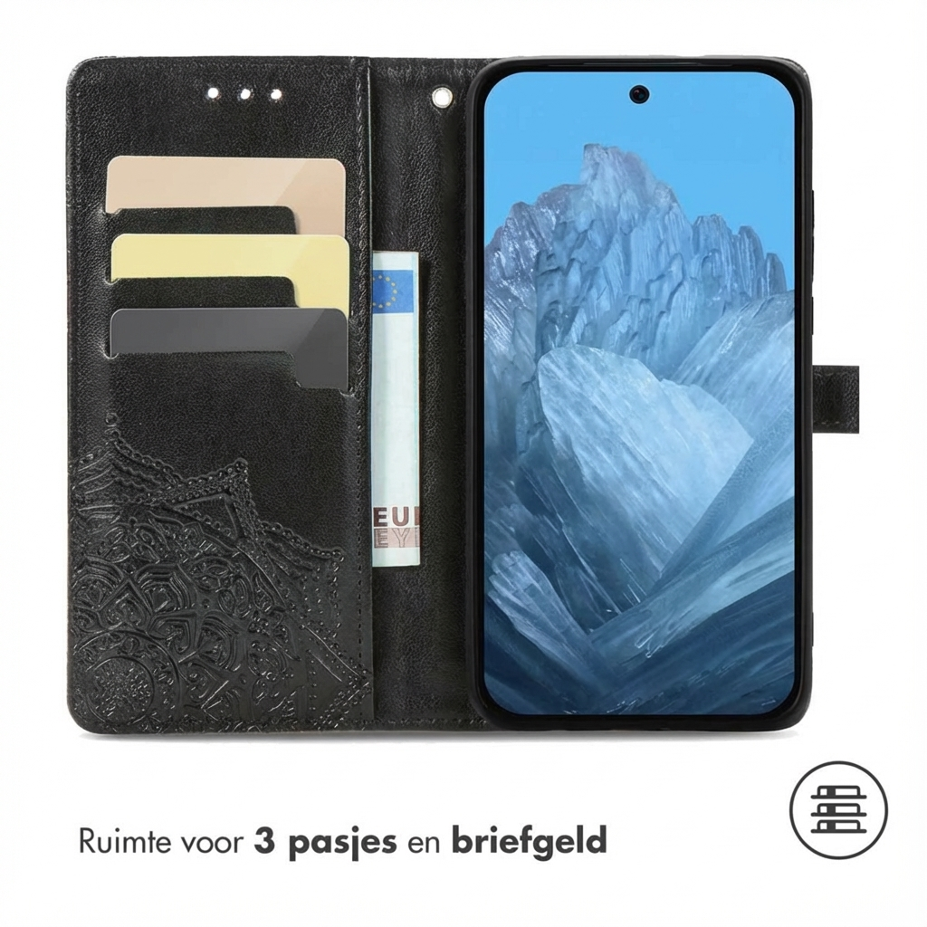 Étui de téléphone noir avec fentes pour cartes et poche à billets. Fond d'écran cristal bleu.