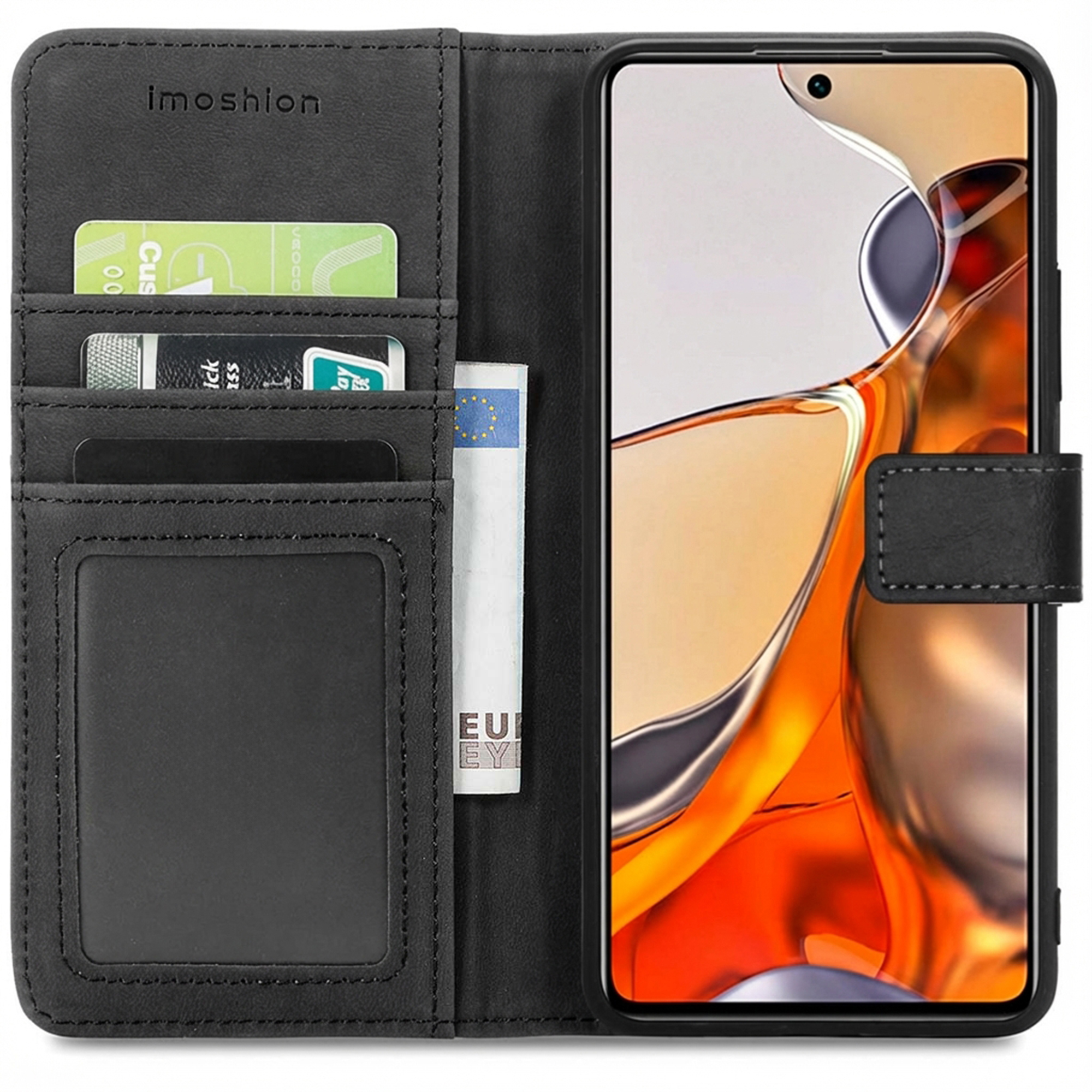 Étui portefeuille en cuir noir avec cartes et argent, montrant un téléphone.
