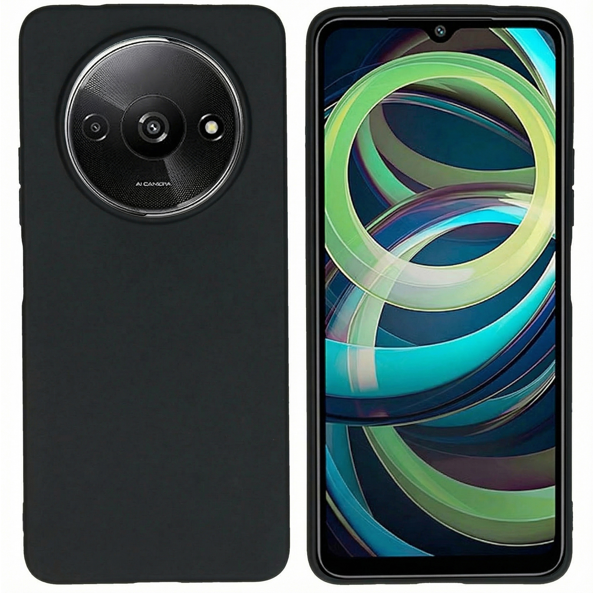Coque de téléphone noire avec cercle de caméra à gauche, écran de téléphone avec art abstrait à droite.