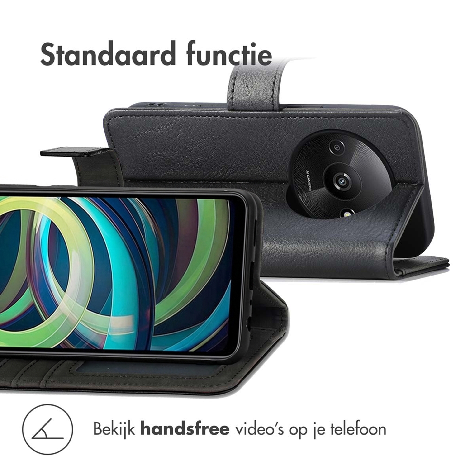 Zwarte telefoonhoes open, toont telefoon en camerapot. Standaard functie.