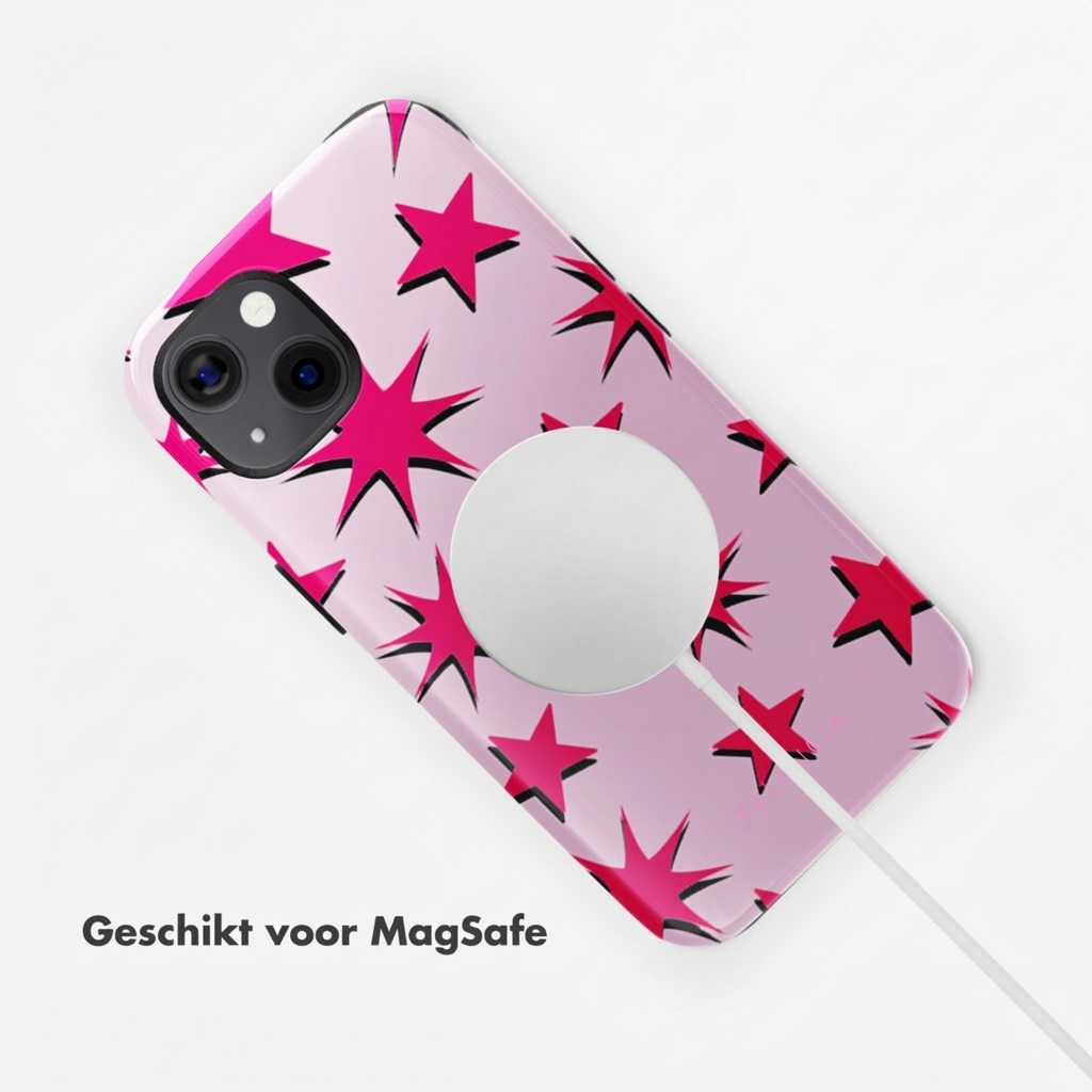Une coque de téléphone rose à étoiles rose vif, chargeur MagSafe attaché.