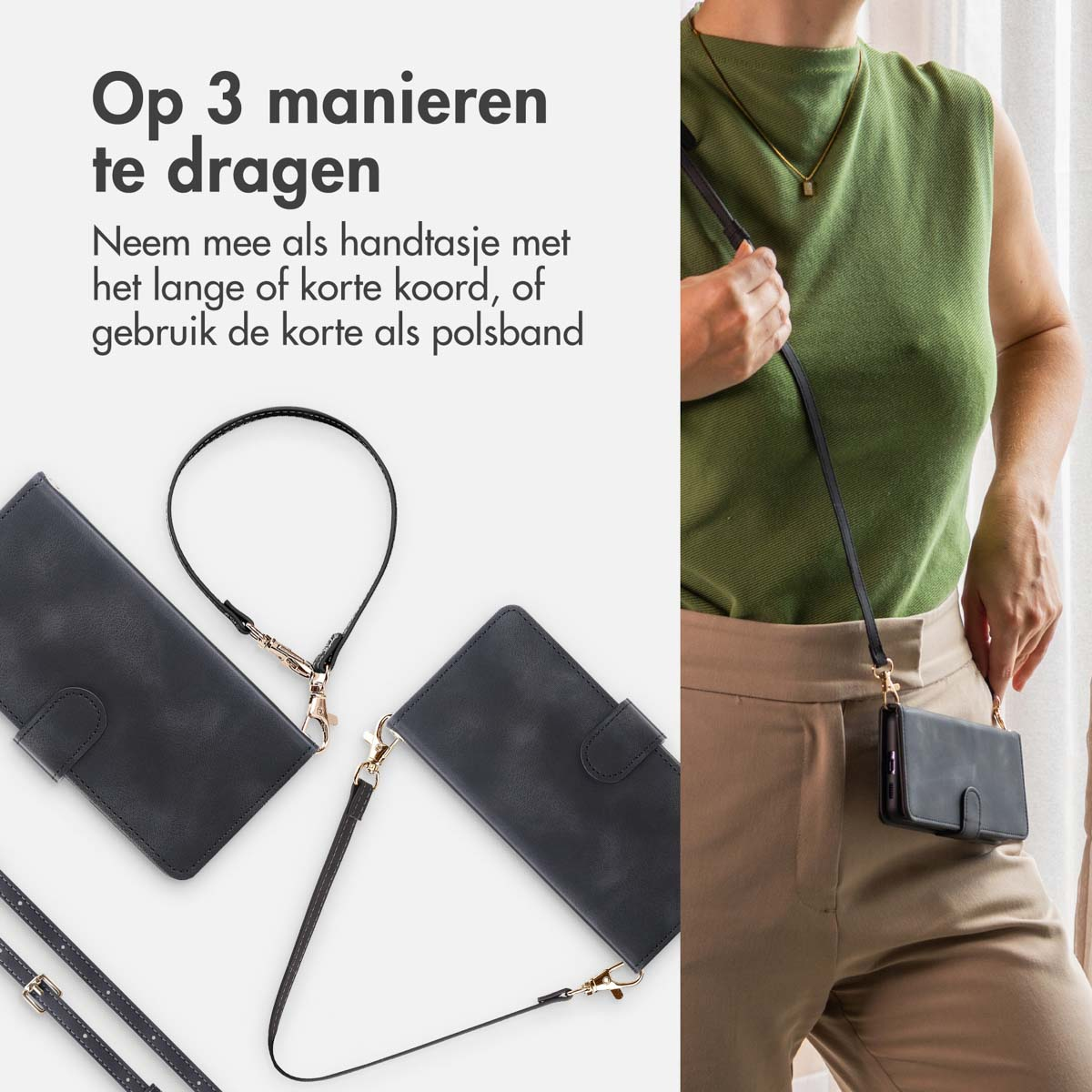 Coque de téléphone noire avec bandoulière, portée et posée.