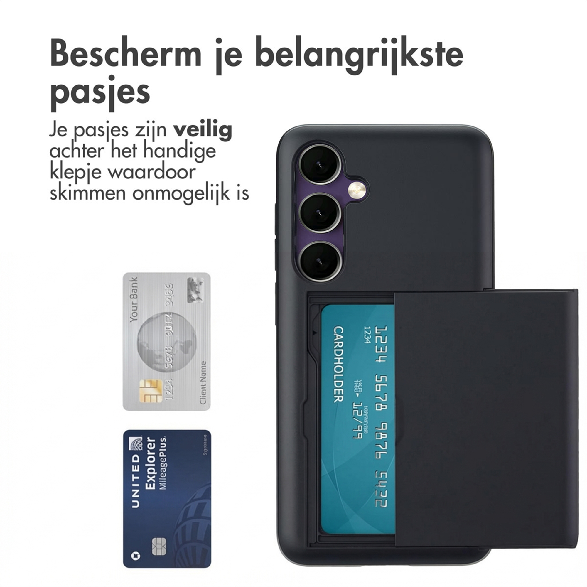 Telefoonhoesje met kaarthouder, toont zilveren en blauwe creditcards.