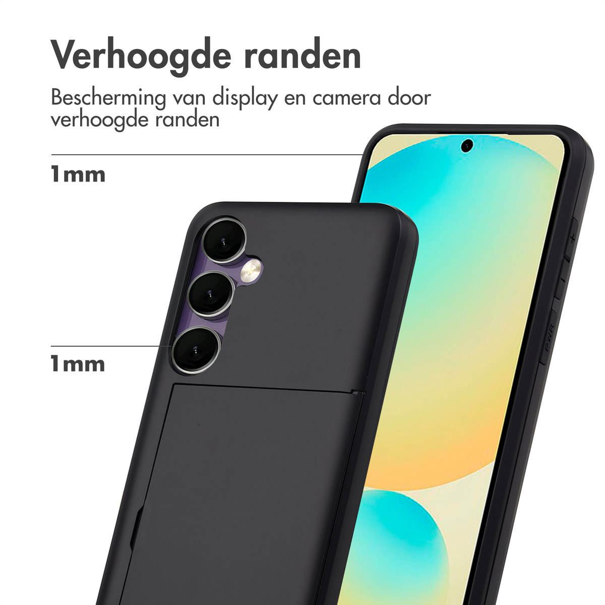 Zwarte telefoon met 1mm verhoogde randen voor camera en scherm.