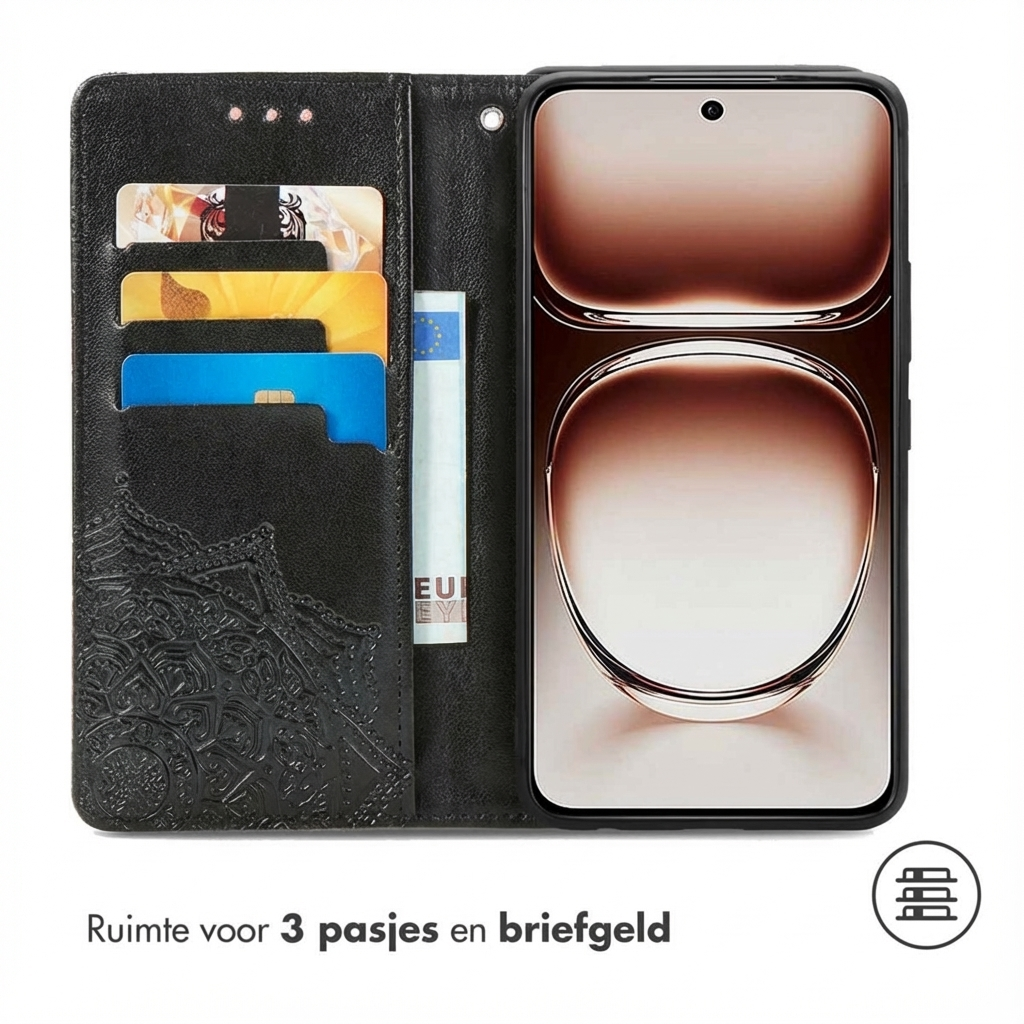 Zwart flip hoesje met kaarthouders en telefoon.