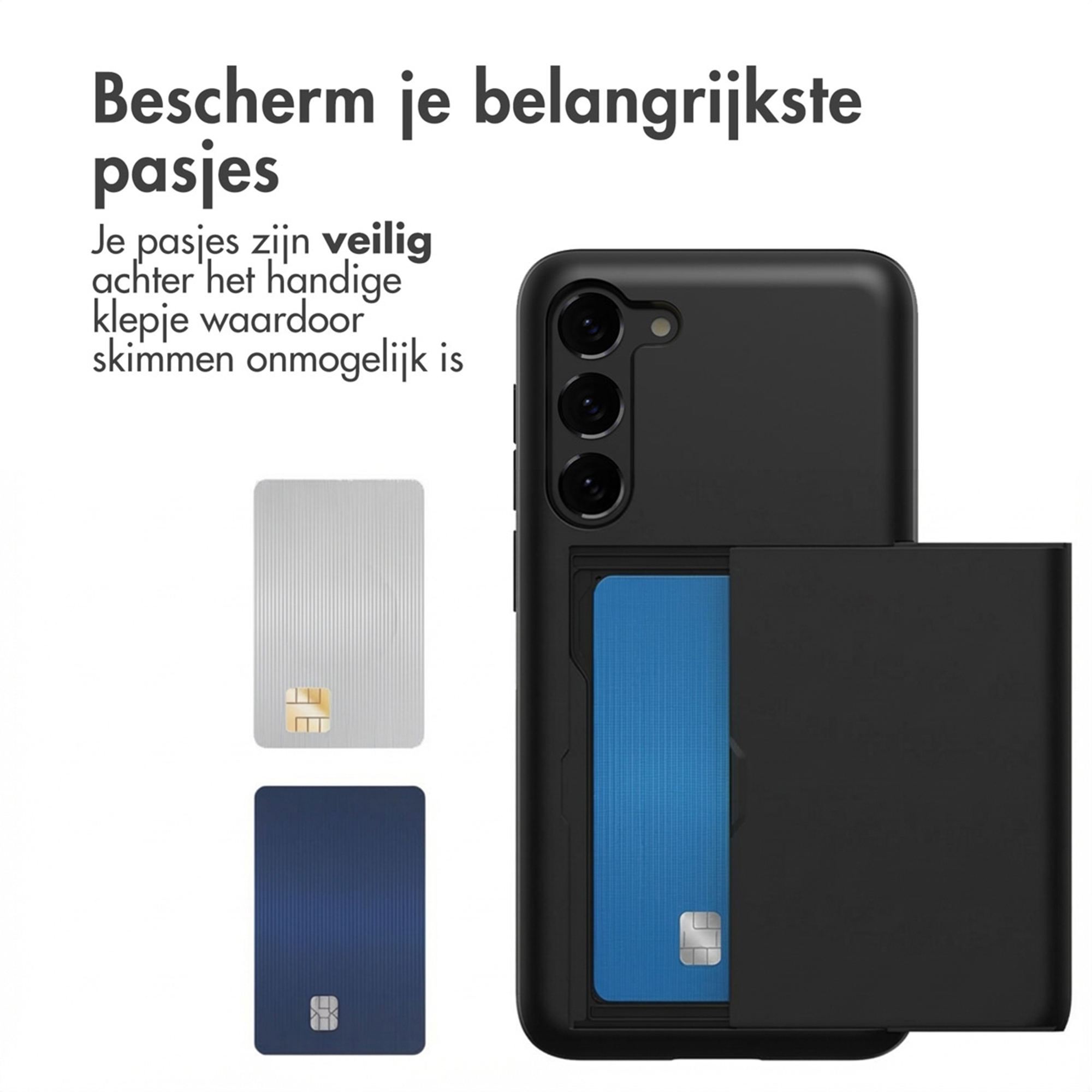 Zwarte telefoon met kaarthouder, met een blauwe kaart erin. Twee kaarten ernaast.