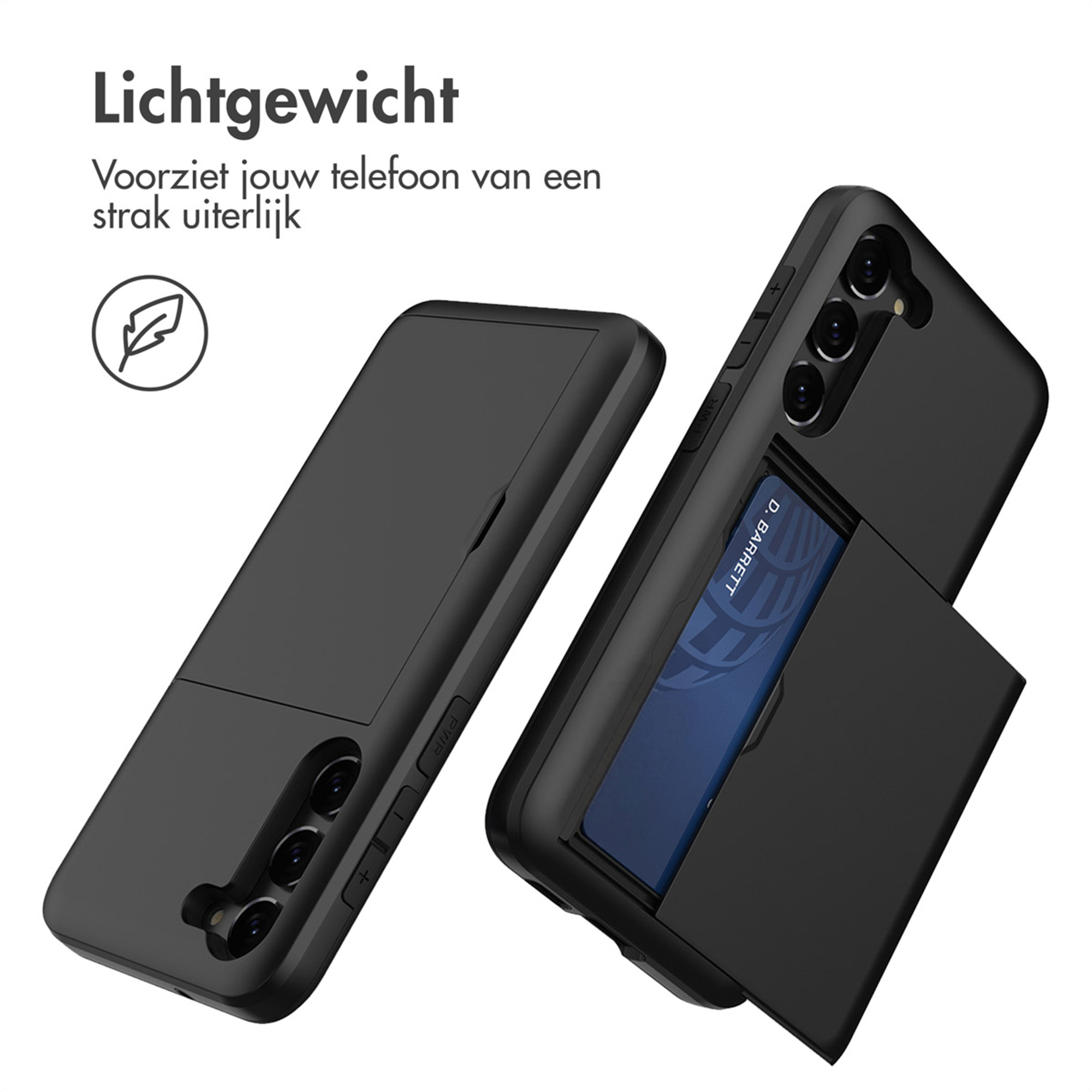 Zwarte telefoonhoes met kaarthouder en drie cameralenzen op witte achtergrond.
