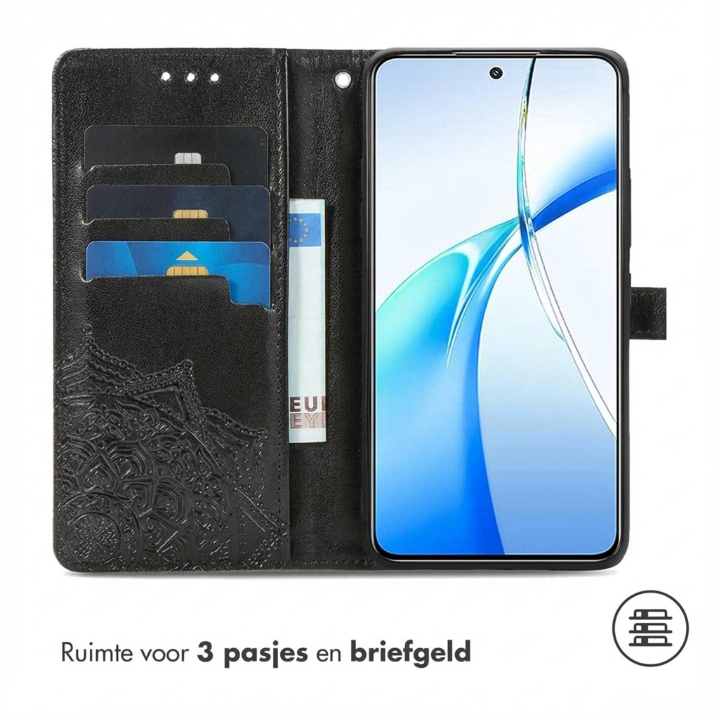Custodia a portafoglio nera con telefono, slot per carte e scomparto.