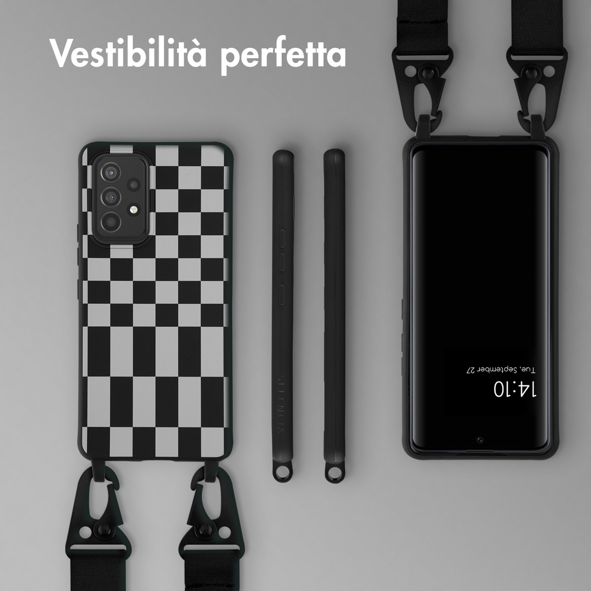 Custodia per telefono a scacchi, due custodie nere e uno smartphone con laccetto.