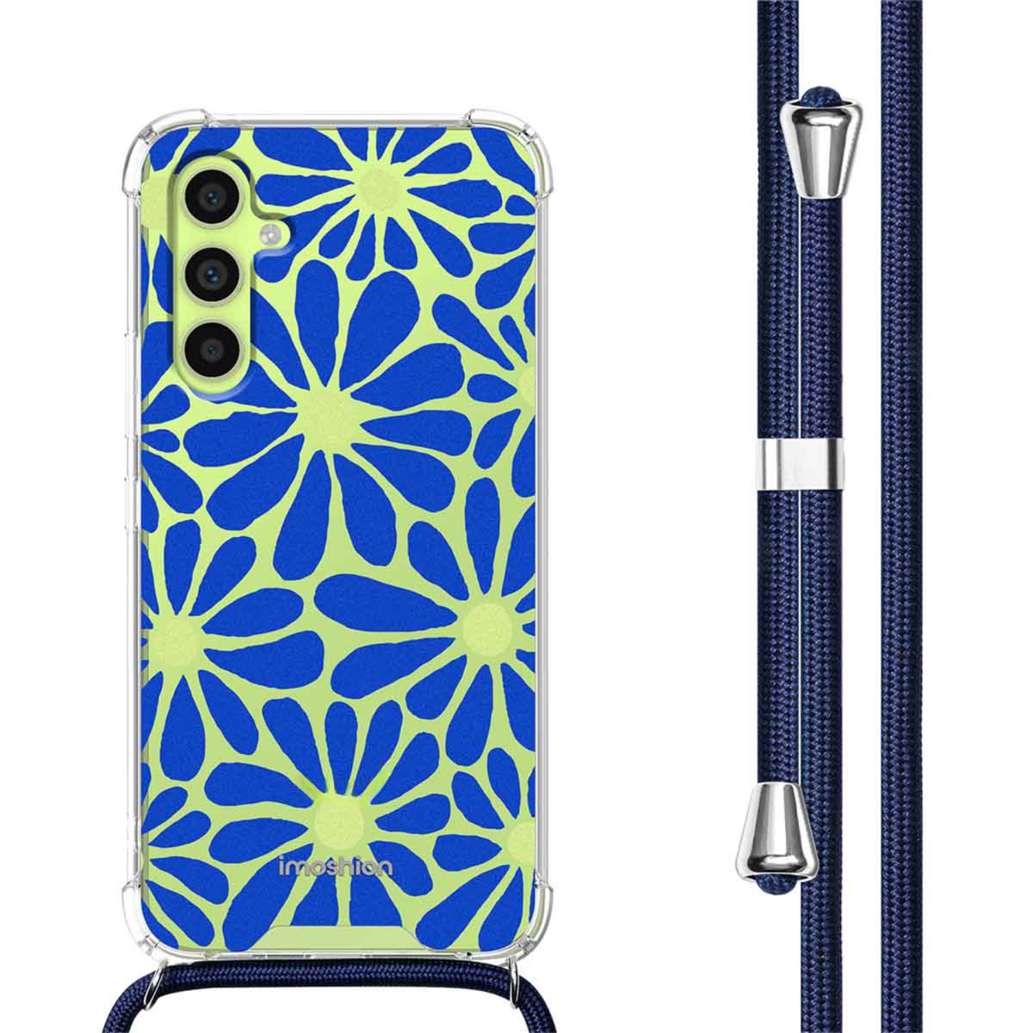 Doorzichtige telefoonhoes met blauw bloemenpatroon en marineblauw koord met zilveren hardware.