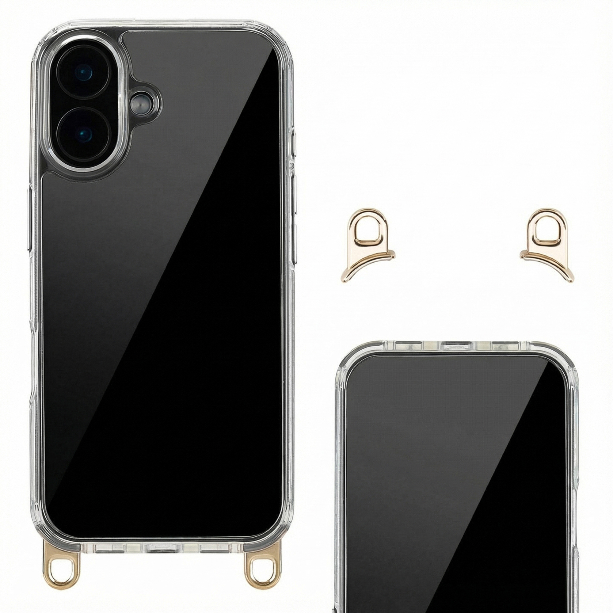 Transparante telefoonhoes met twee gouden oogjes, één onderaan, één ernaast.