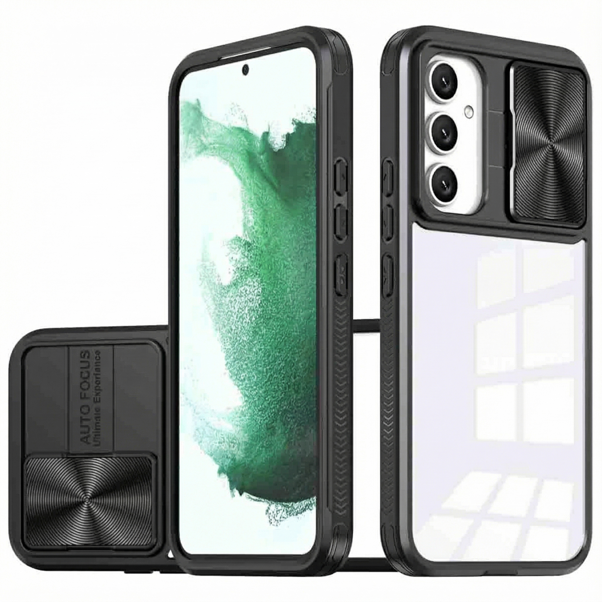 Deux coques de téléphone noires avec protection caméra et dos transparent.