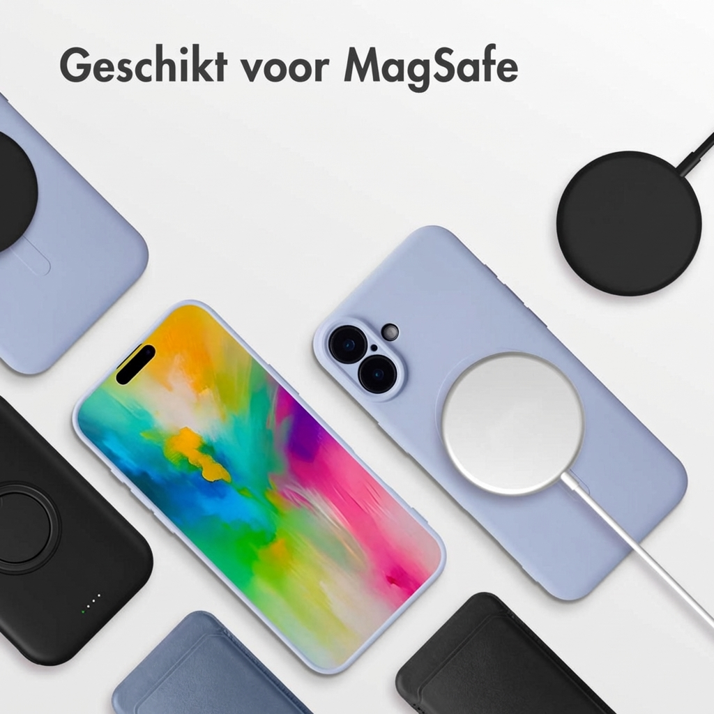 Plusieurs étuis de smartphone et chargeurs MagSafe sont disposés sur fond blanc.