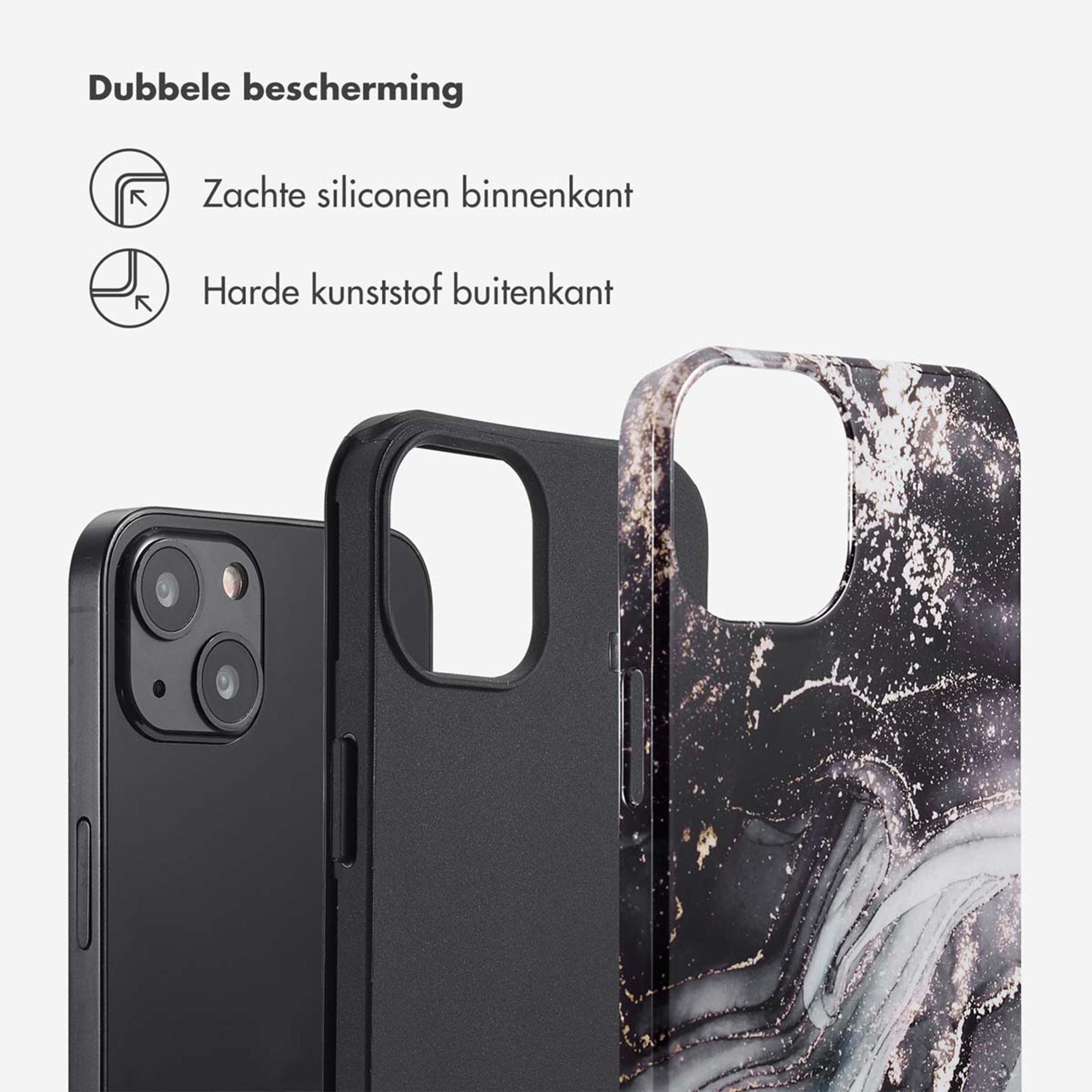 Trois coques de téléphone : noire, marbre noir et vue détaillée des caractéristiques.
