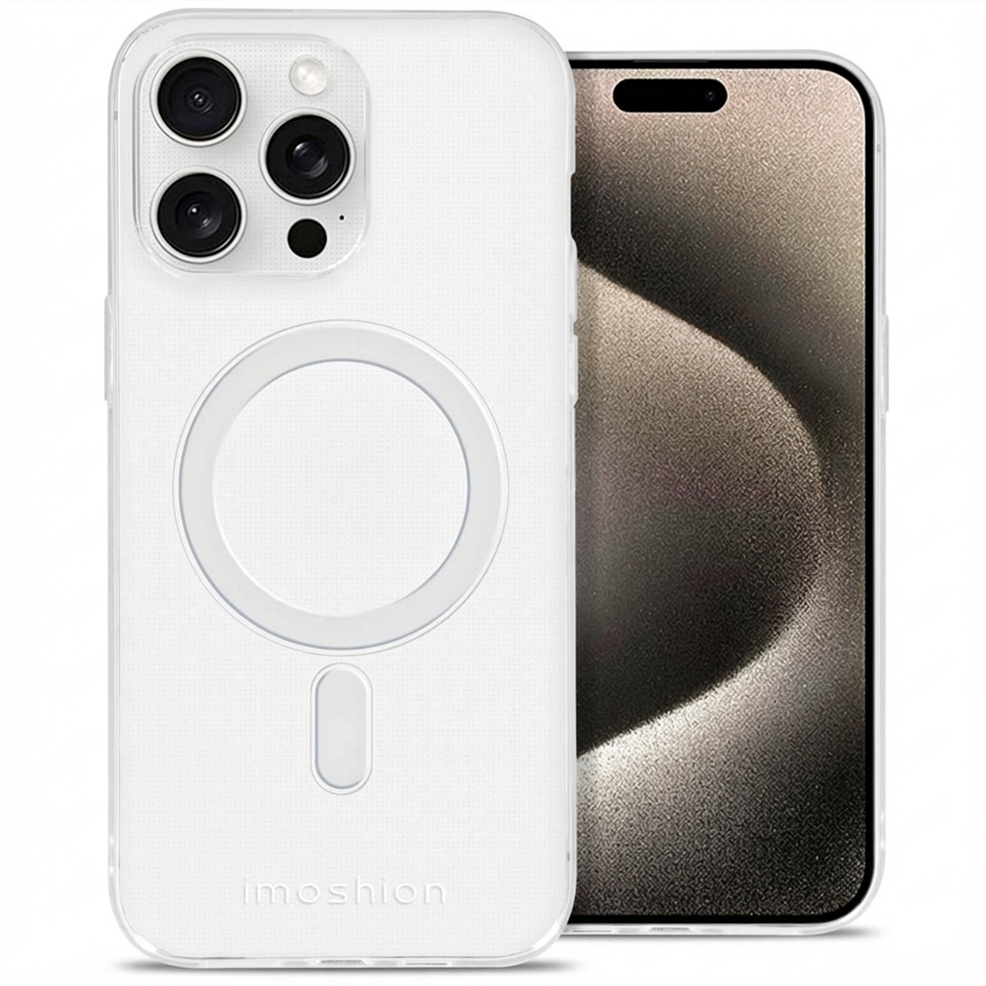 Une coque de téléphone transparente avec anneau MagSafe sur un téléphone.