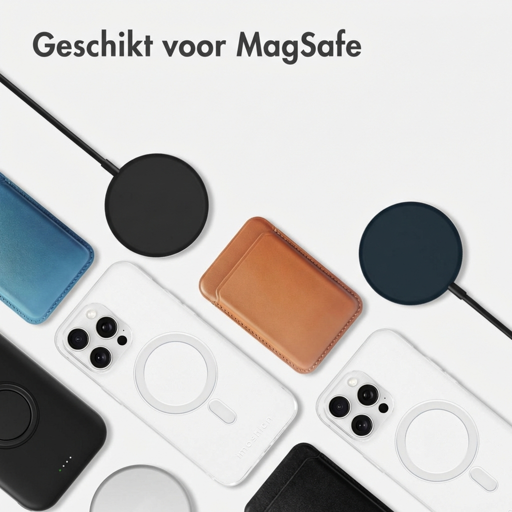 Plusieurs étuis et chargeurs compatibles MagSafe sur fond blanc.