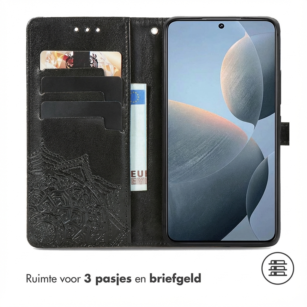 Zwarte telefoonportemonnee met kaartsleuven, geldvak en telefoon.