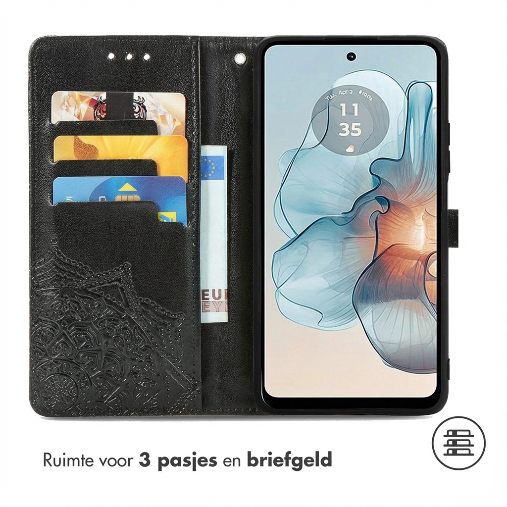 Zwart telefoonhoesje met kaarthouders en een open telefoon.