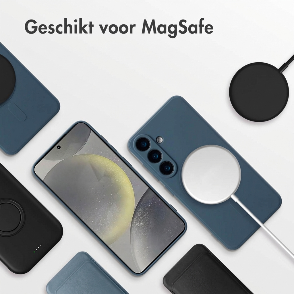 Blauw telefoonhoesje met MagSafe-oplader en telefoon.