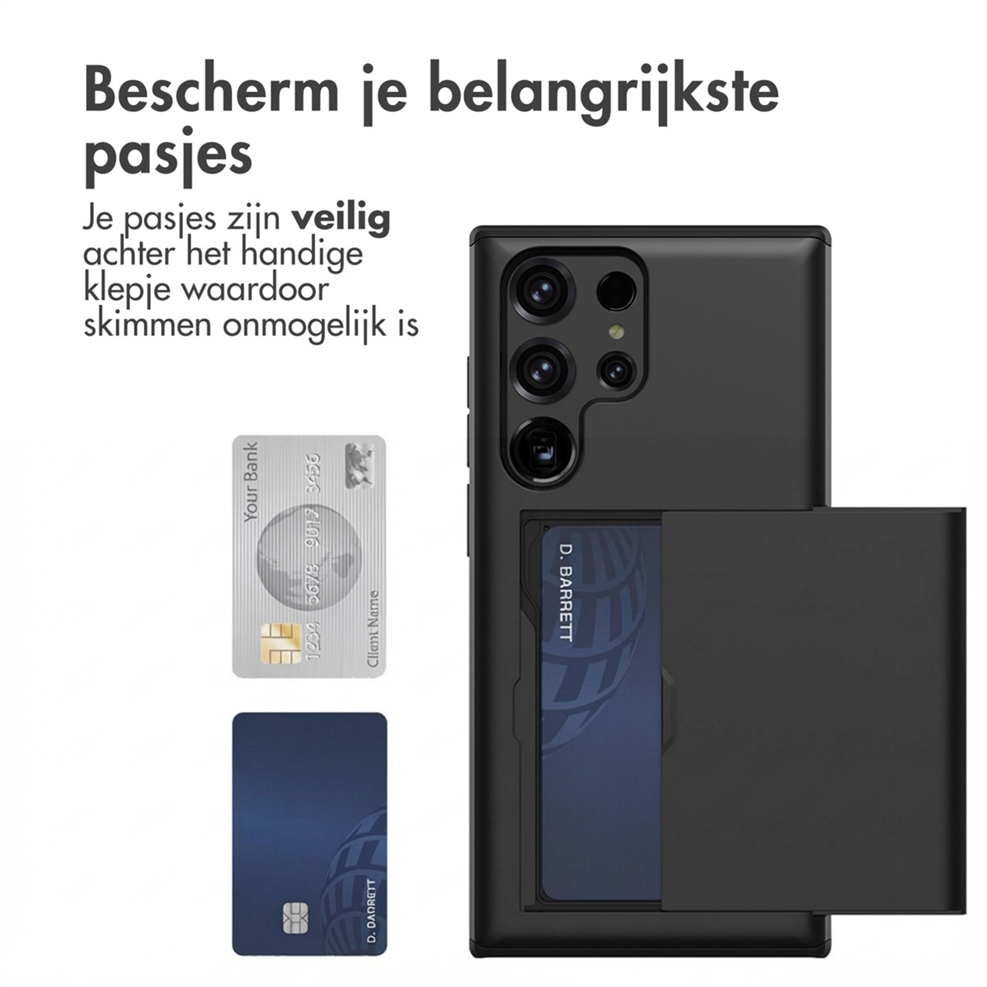 Coque de téléphone noire avec fentes pour cartes tenant deux cartes.