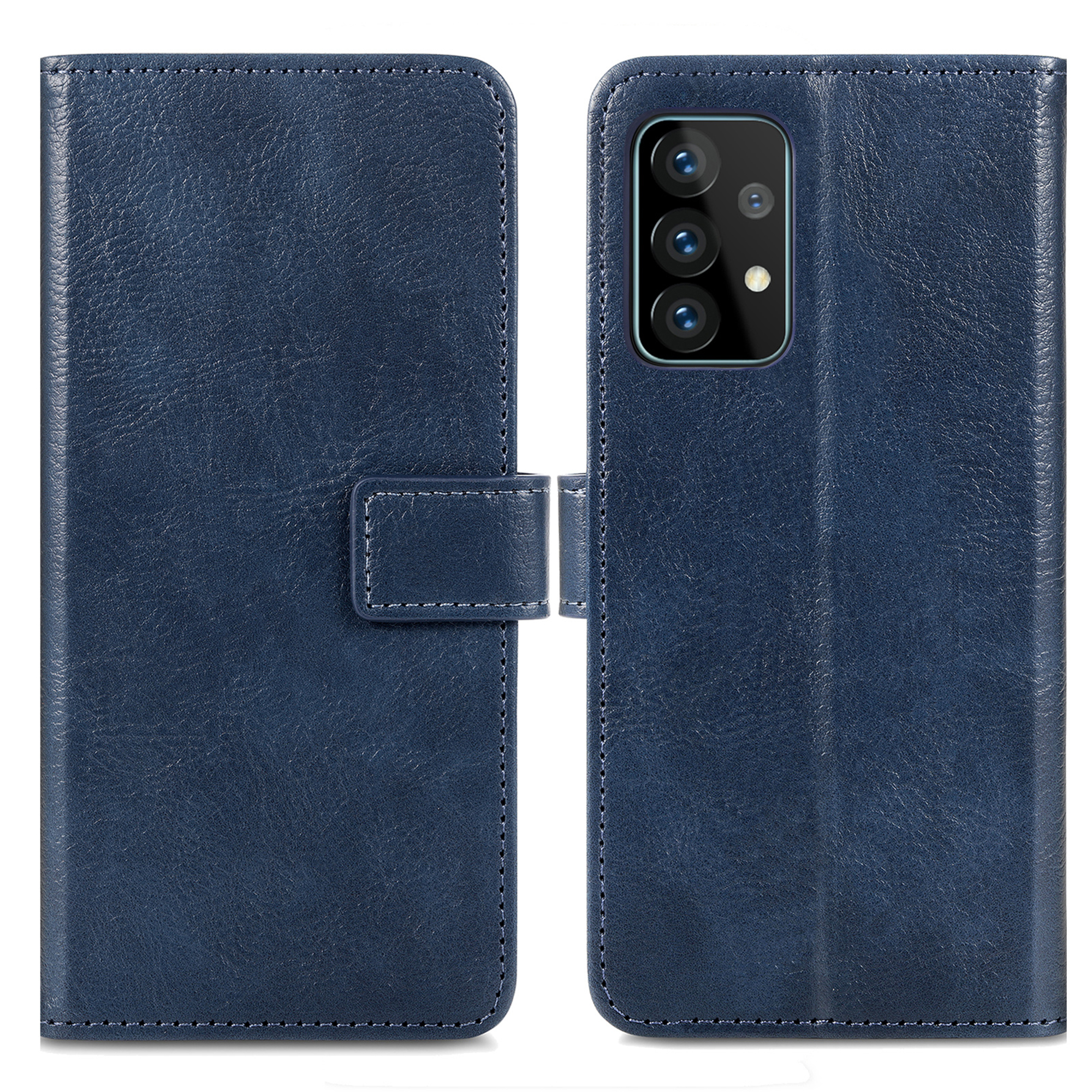 Een donkerblauwe flip telefoonhoes met zichtbare cameramodule.