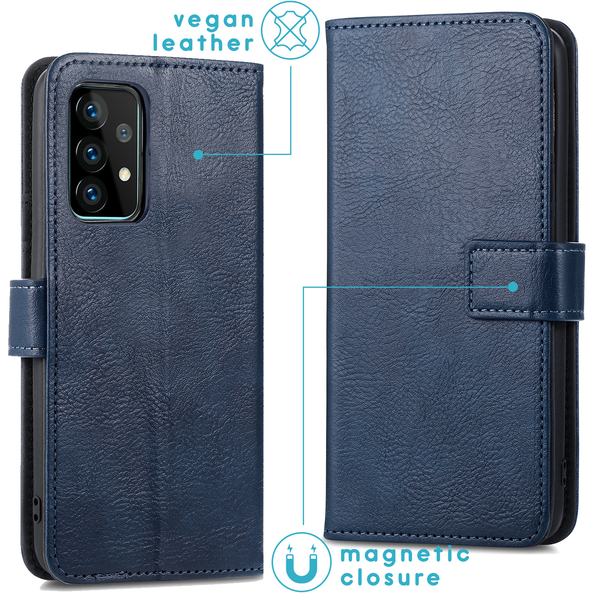 Donkerblauwe vegan lederen flip case met magnetische sluiting voor smartphone.
