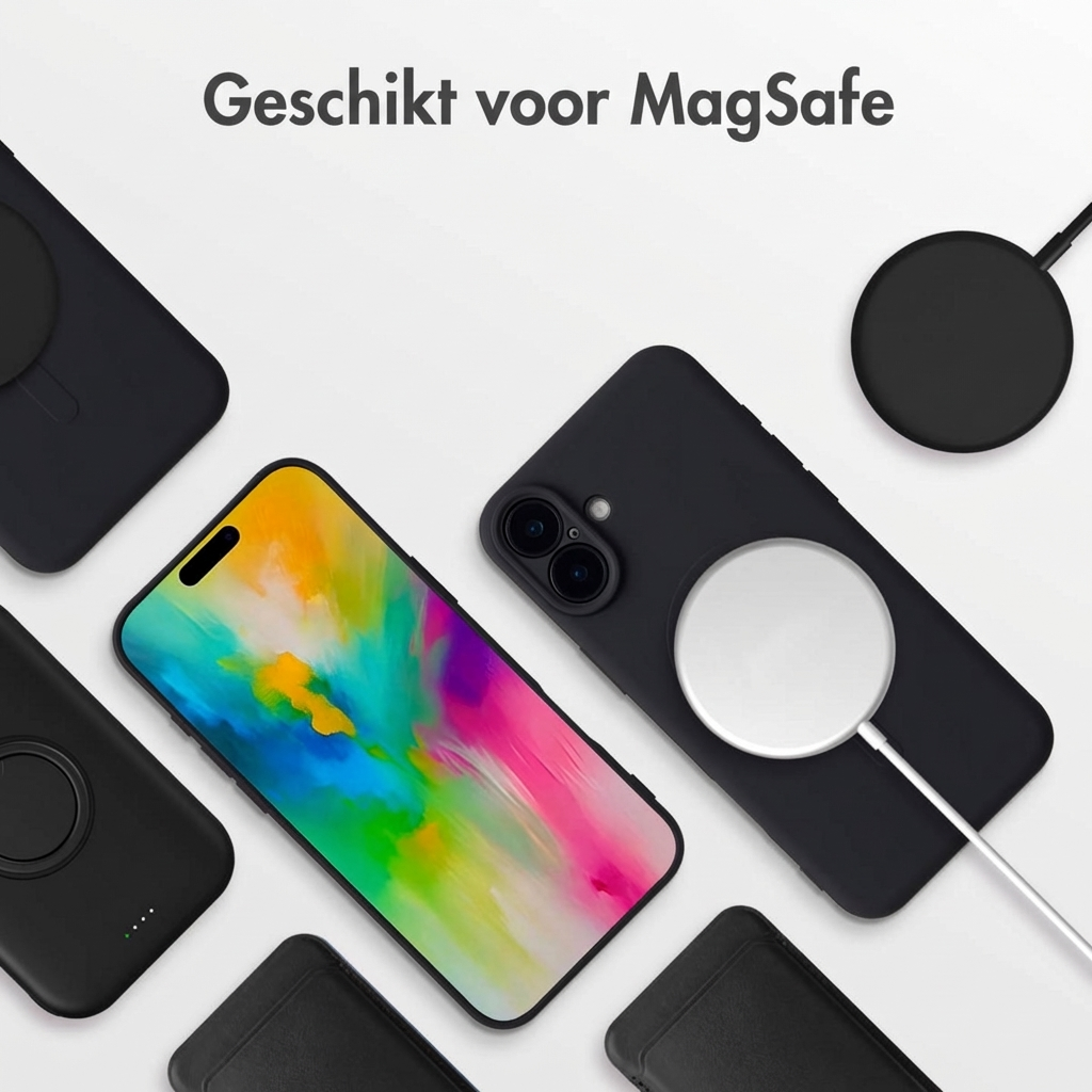 Plusieurs coques de téléphone noires et chargeurs MagSafe avec un écran coloré.