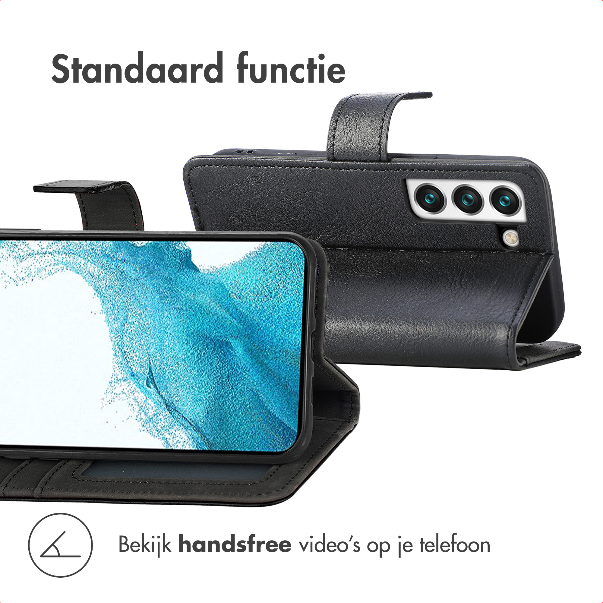 Zwarte telefoonhoes met standaardfunctie en drie cameralenzen.