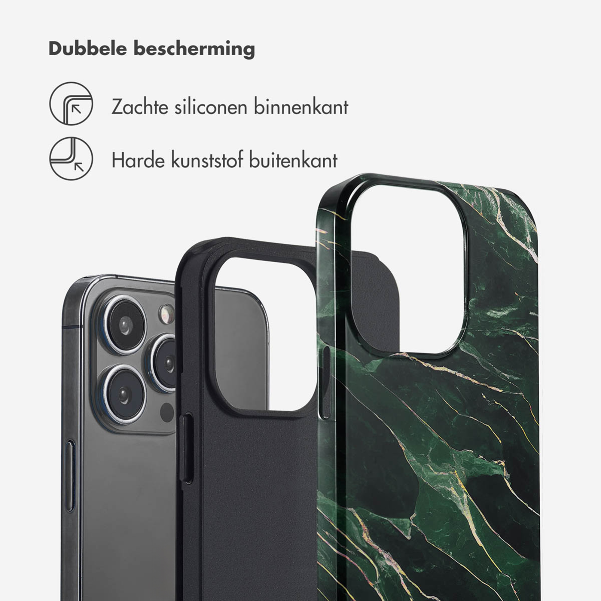 Un iPhone avec un étui à motif marbre et un étui noir à côté.