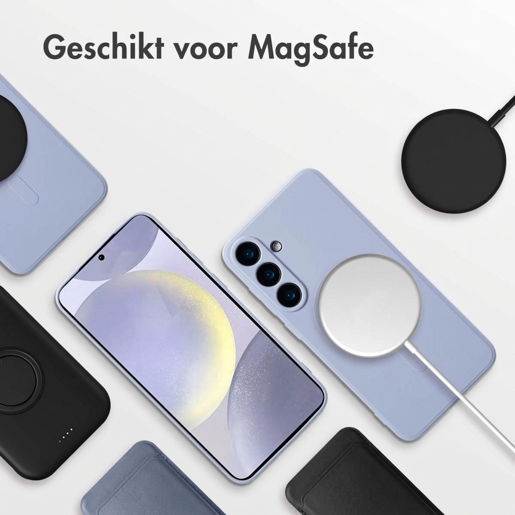 Een smartphone met MagSafe-oplader en meerdere hoesjes op witte achtergrond.