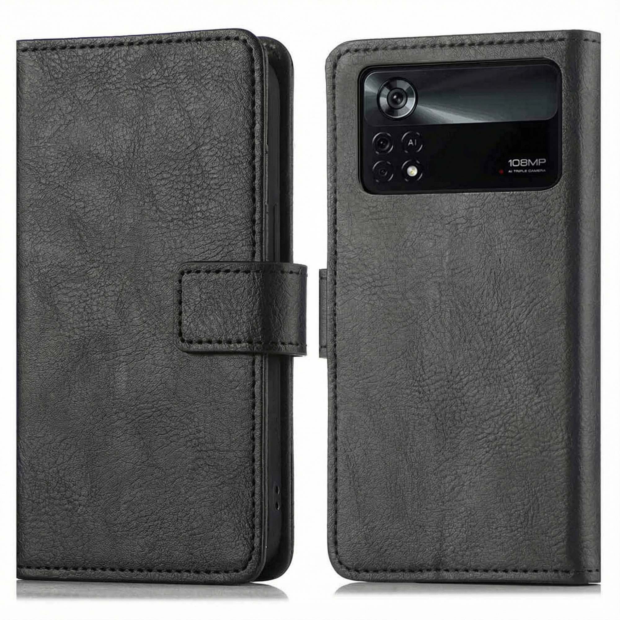 Zwarte leren flipcase voor smartphone met 108MP camera.