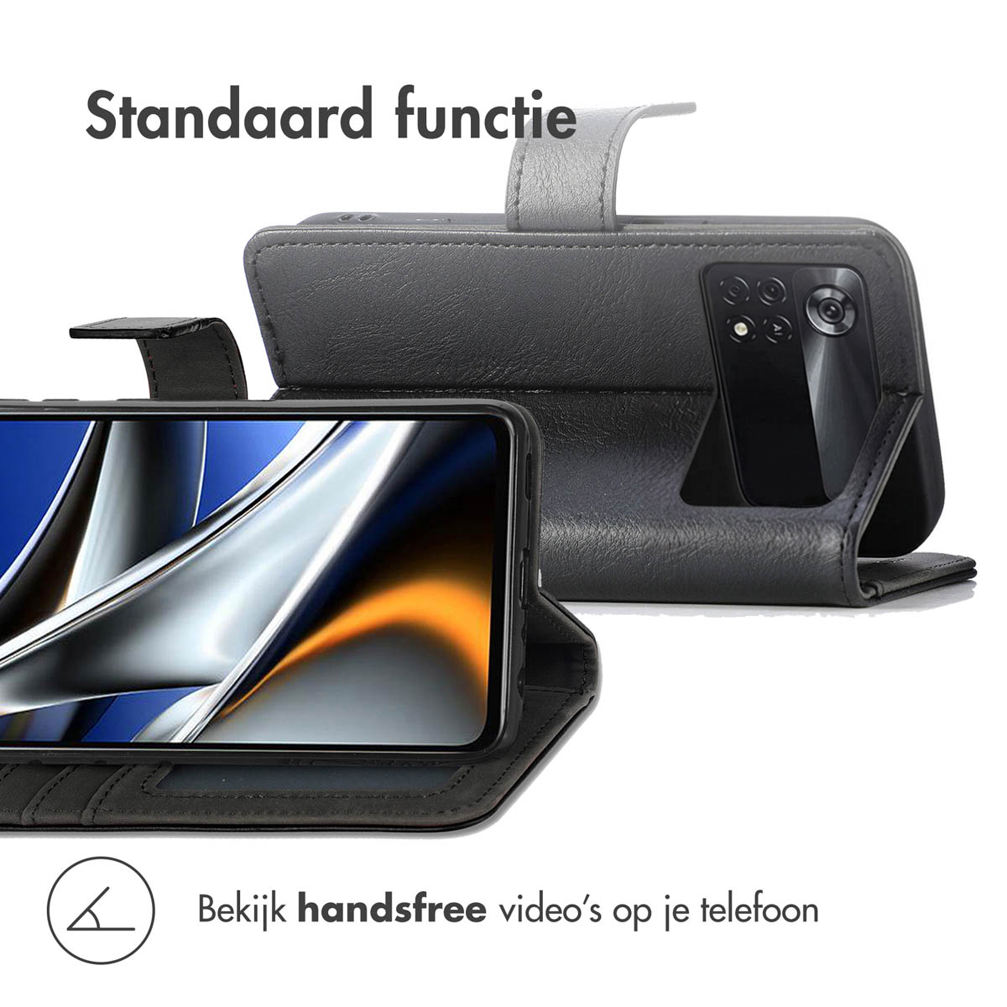 Een zwarte telefoon in een zwarte hoes met standaardfunctie. Een camerasysteem is zichtbaar.