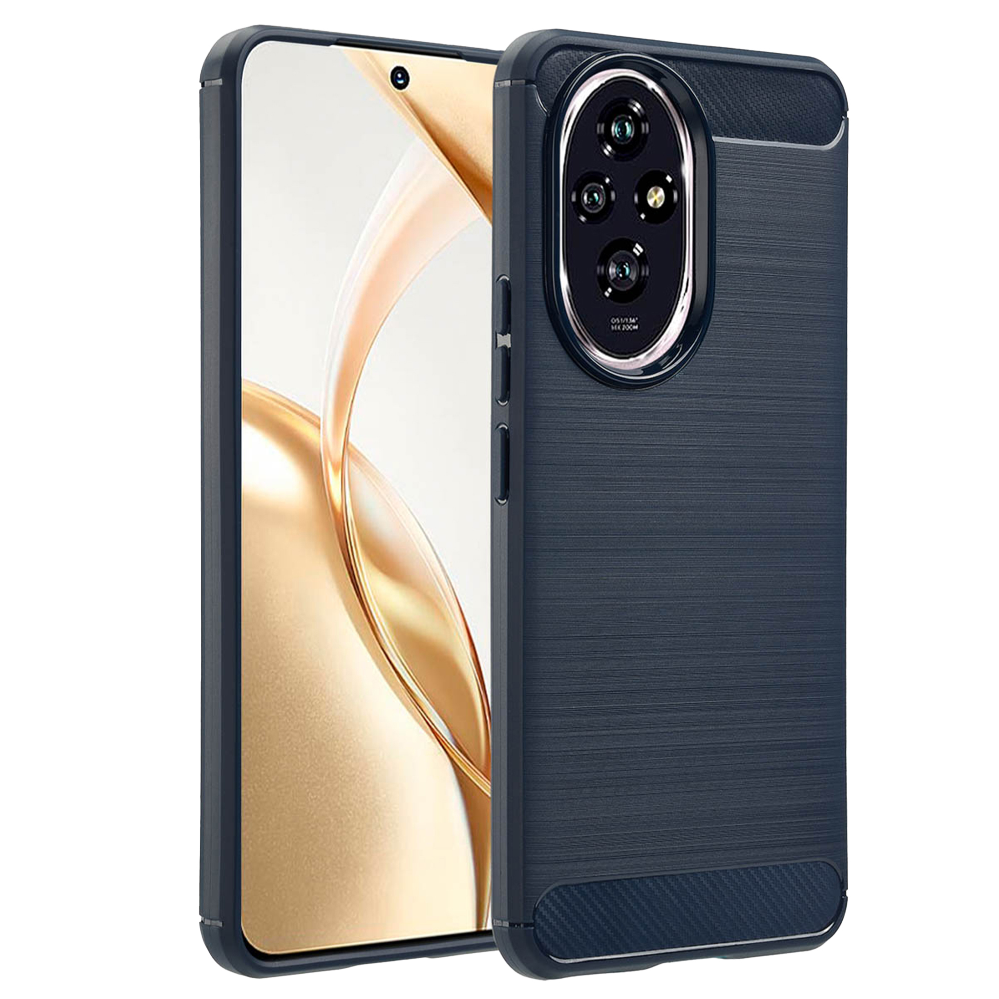 Custodia per telefono blu scuro con finitura spazzolata e modulo fotocamera.