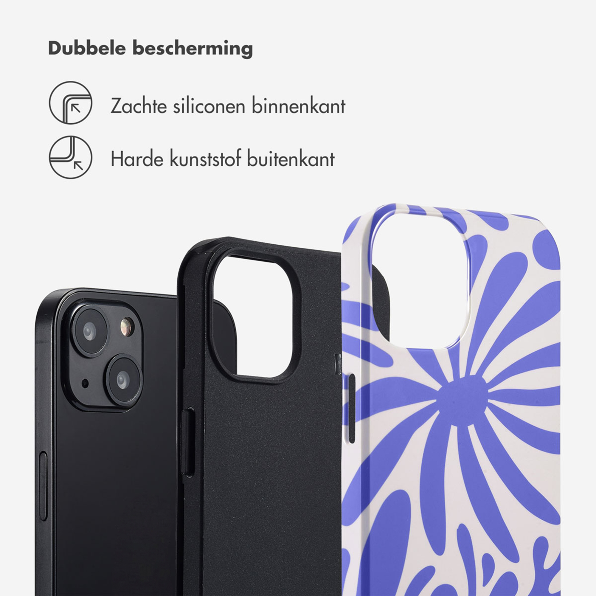 Trois coques de téléphone : une noire, une noire avec doublure, une à motif bleu.