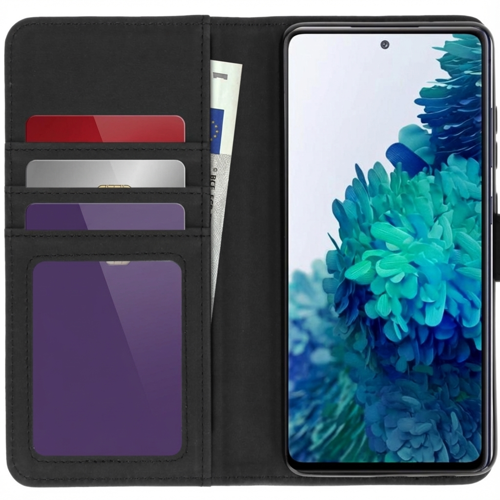 Portefeuille noir pour téléphone avec fentes pour cartes, compartiment à billets et smartphone avec fond bleu-vert.